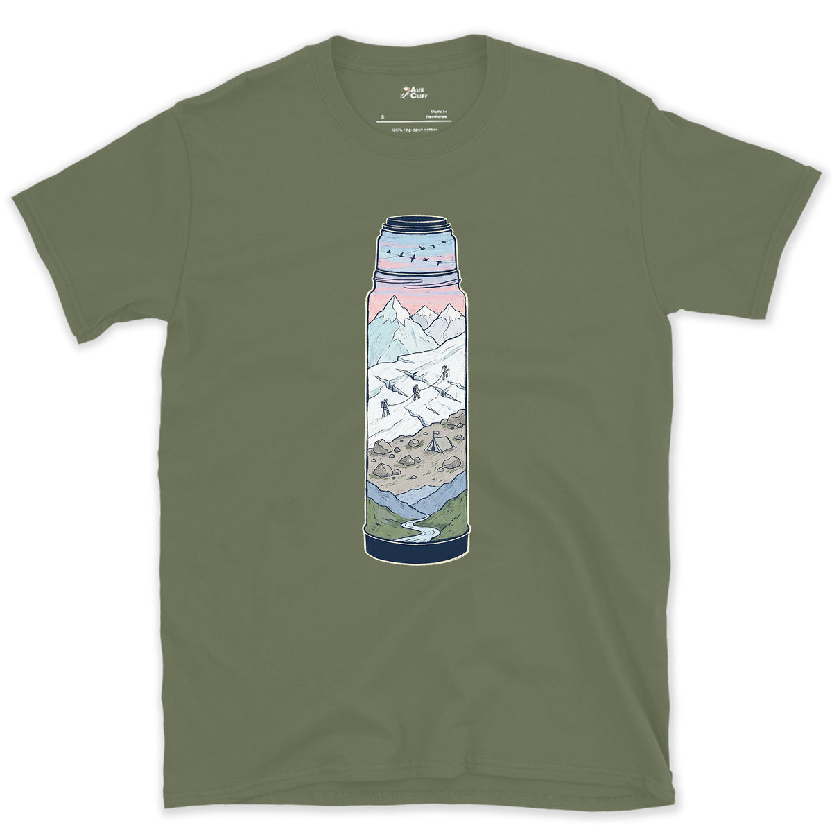 Still Warm on the Glacier, Vacuum Flask design on a Military Green Gildan Softstyle t-shirt