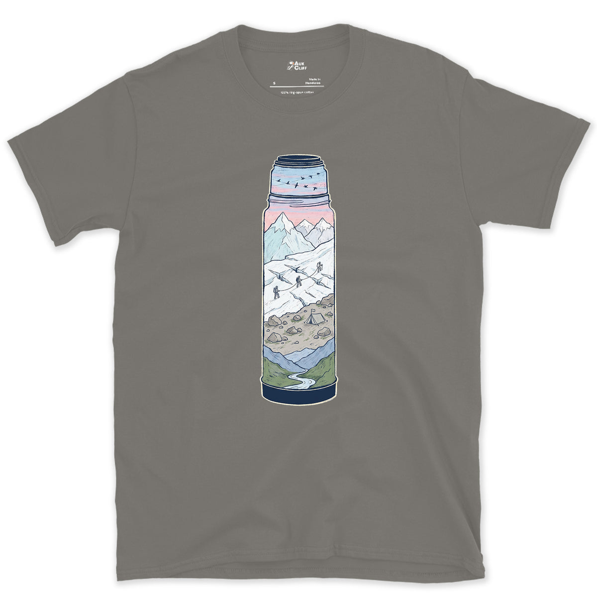 Still Warm on the Glacier, Vacuum Flask design on a Charcoal Gildan Softstyle t-shirt