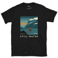Still Water, Sailboat on the Mountain Fjord design on a Black Gildan Softstyle t-shirt