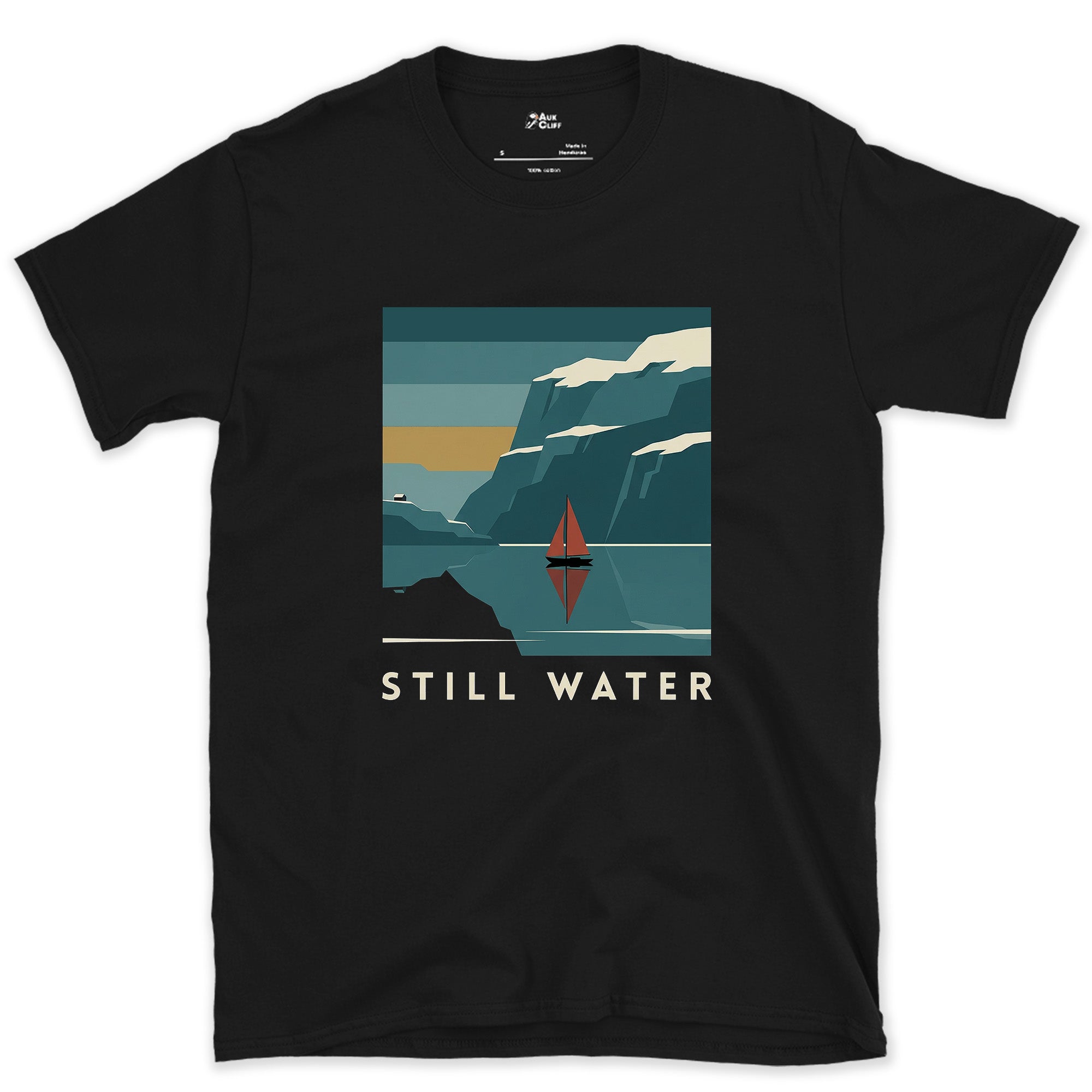 Still Water, Sailboat on the Mountain Fjord design on a Black Gildan Softstyle t-shirt