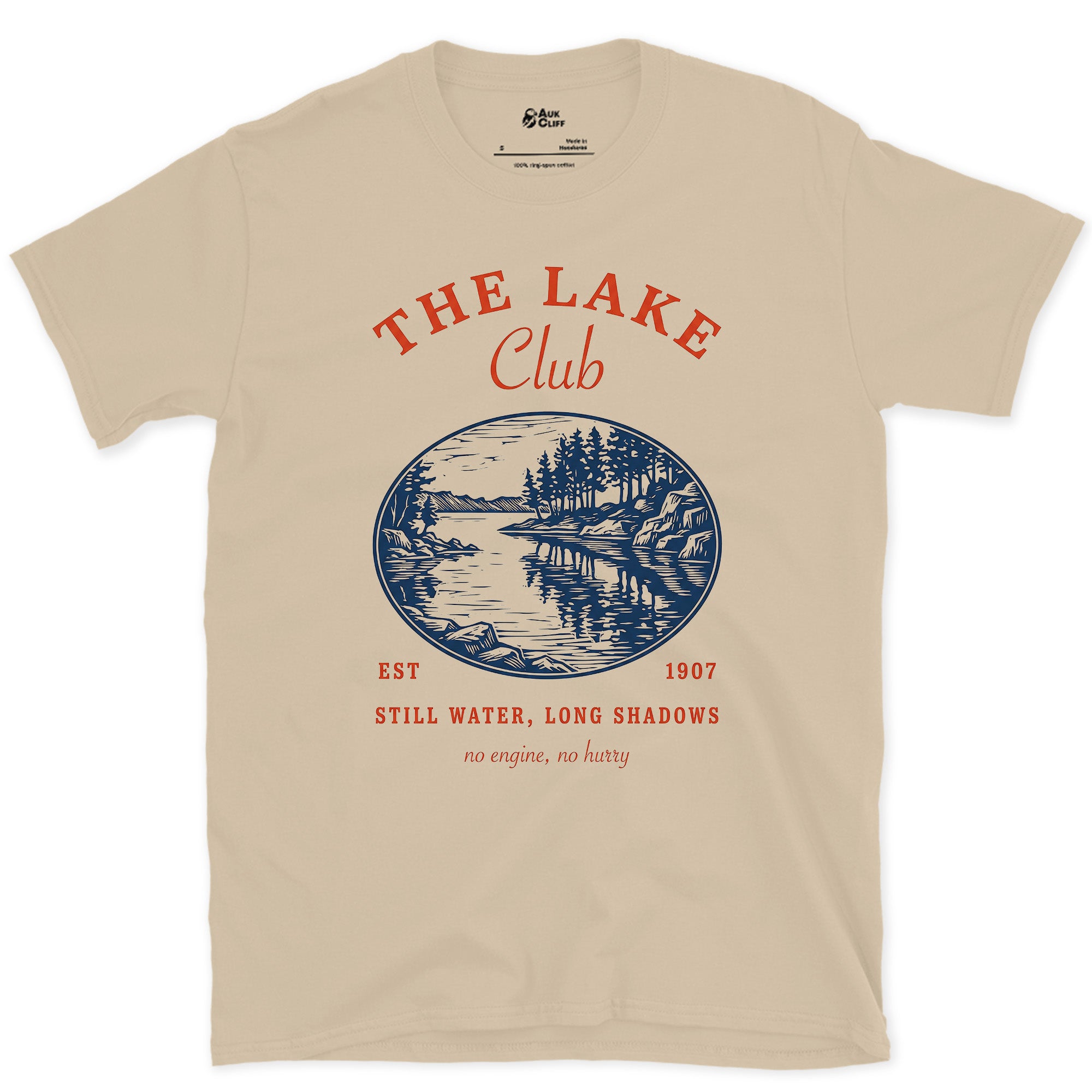 Still Water, Long Shadows, Lake Club design on a Sand Gildan Softstyle t-shirt