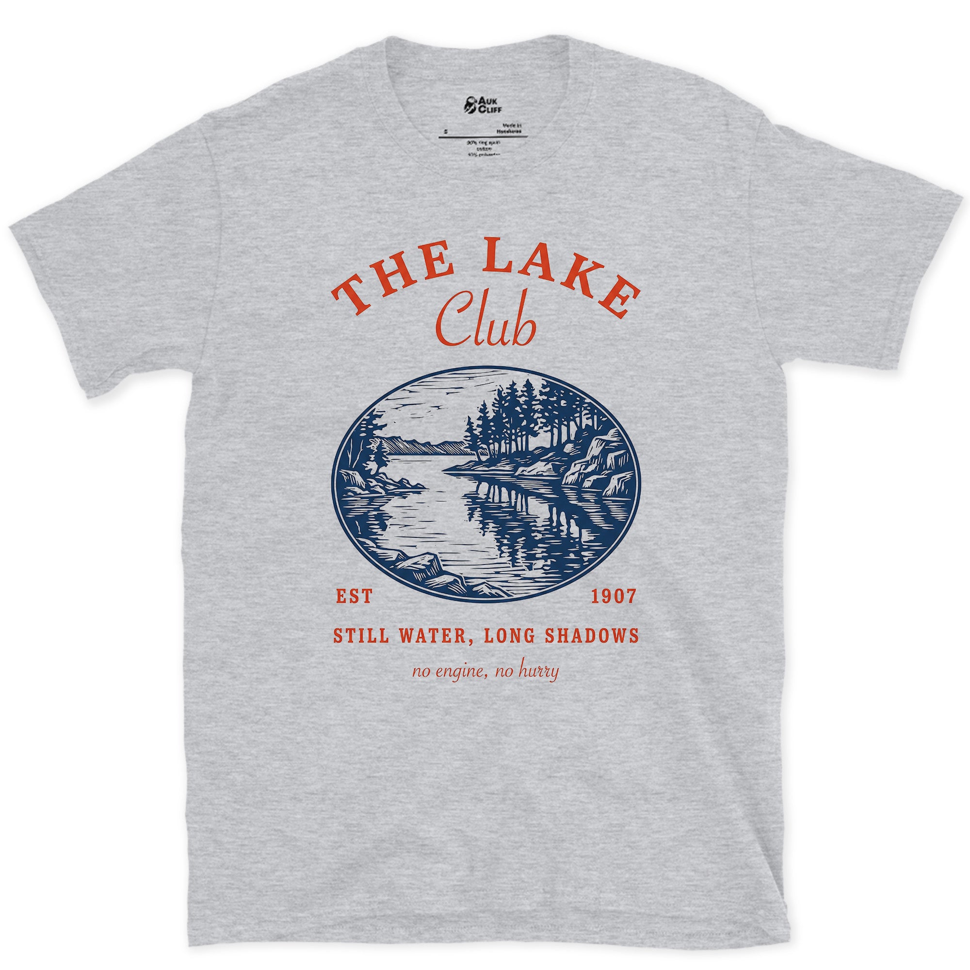 Still Water, Long Shadows, Lake Club design on a Sport Grey Gildan Softstyle t-shirt
