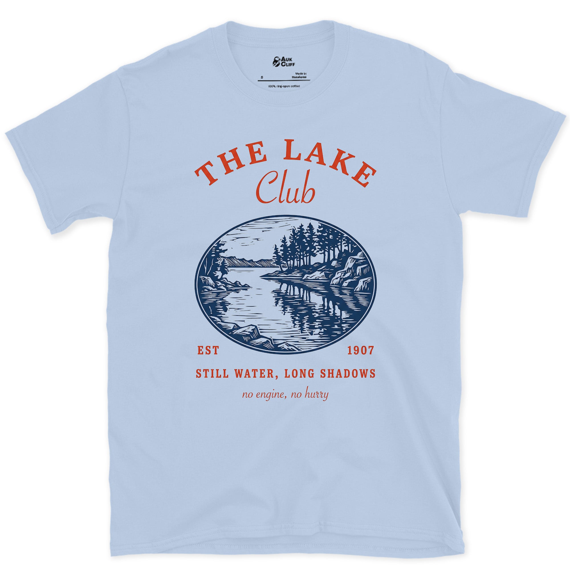 Still Water, Long Shadows, Lake Club design on a Light Blue Gildan Softstyle t-shirt