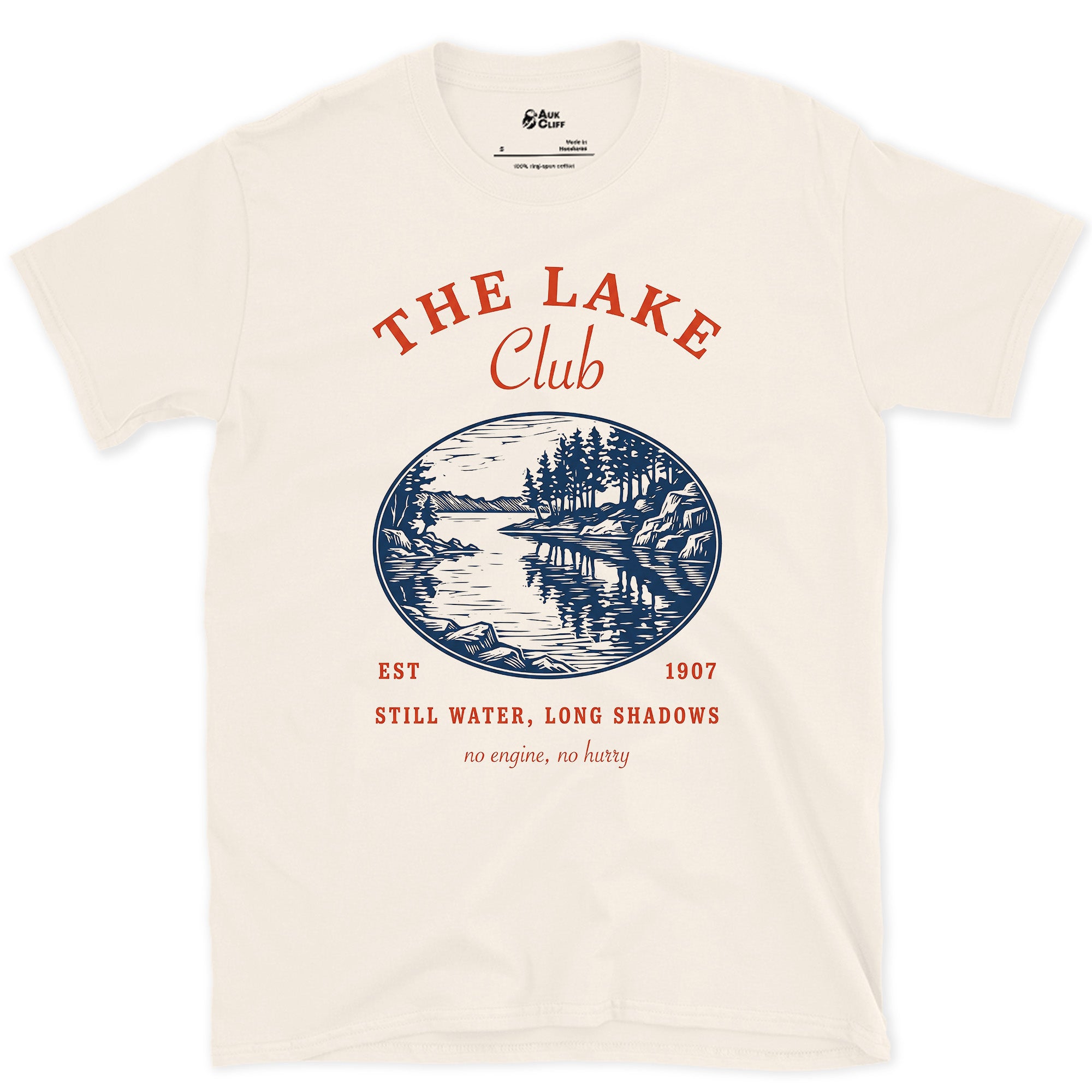 Still Water, Long Shadows, Lake Club design on a Natural Gildan Softstyle t-shirt