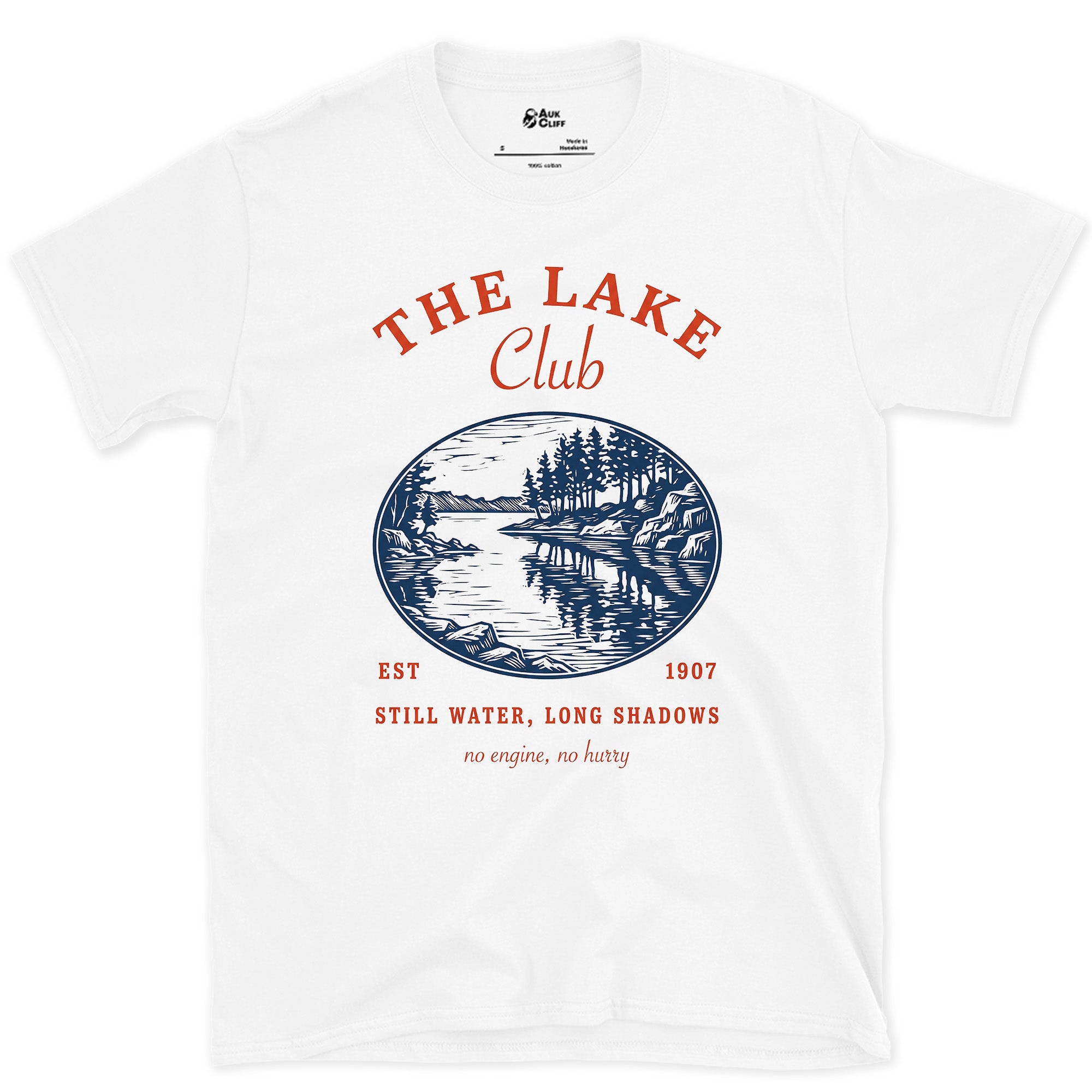 Still Water, Long Shadows, Lake Club design on a White Gildan Softstyle t-shirt