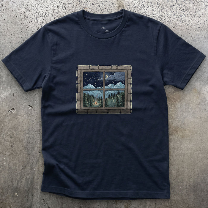 Storm Clearing, Seen From the Hut Window design on a Navy Gildan Softstyle t-shirt