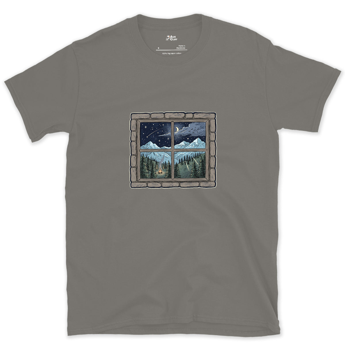 Storm Clearing, Seen From the Hut Window design on a Charcoal Gildan Softstyle t-shirt