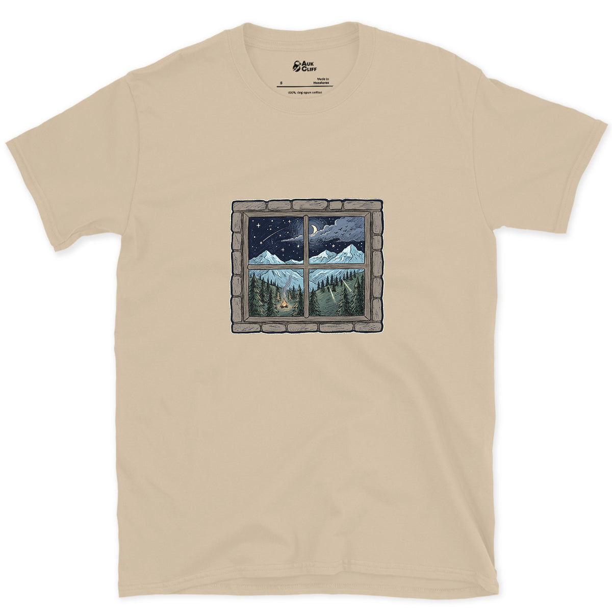 Storm Clearing, Seen From the Hut Window design on a Sand Gildan Softstyle t-shirt