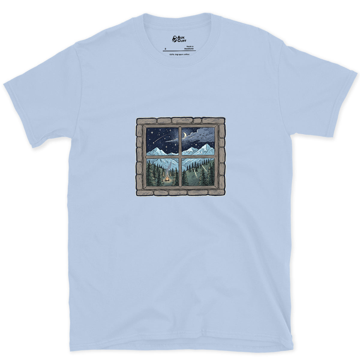 Storm Clearing, Seen From the Hut Window design on a Light Blue Gildan Softstyle t-shirt