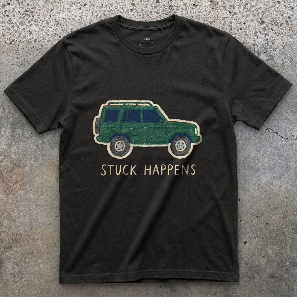 Stuck Happens, Green Wagon in Profile design on a Black Gildan Softstyle t-shirt