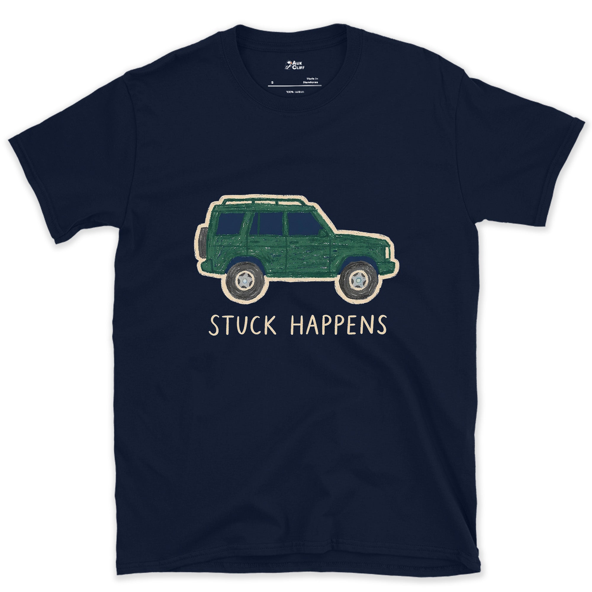 Stuck Happens, Green Wagon in Profile design on a Navy Gildan Softstyle t-shirt