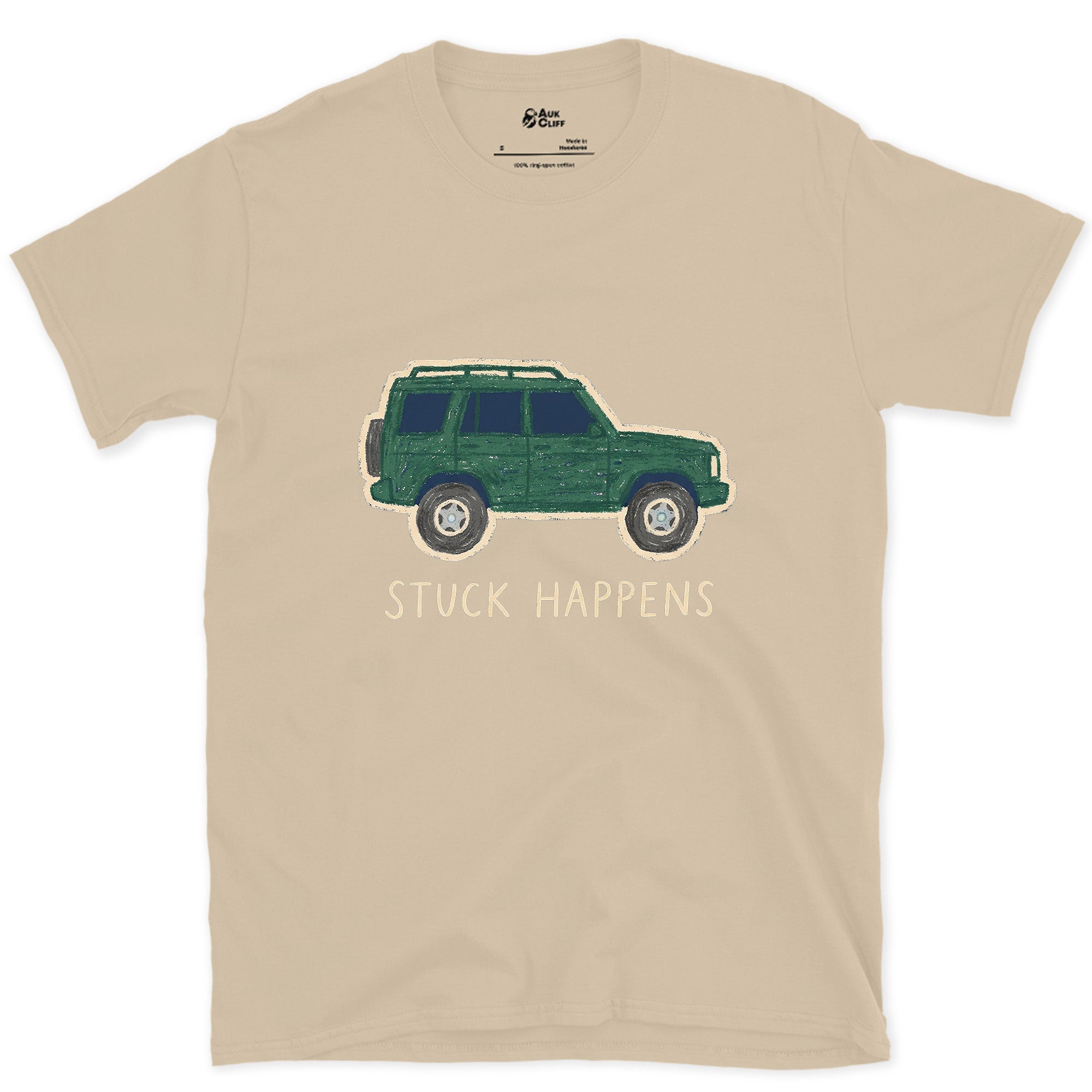 Stuck Happens, Green Wagon in Profile design on a Sand Gildan Softstyle t-shirt