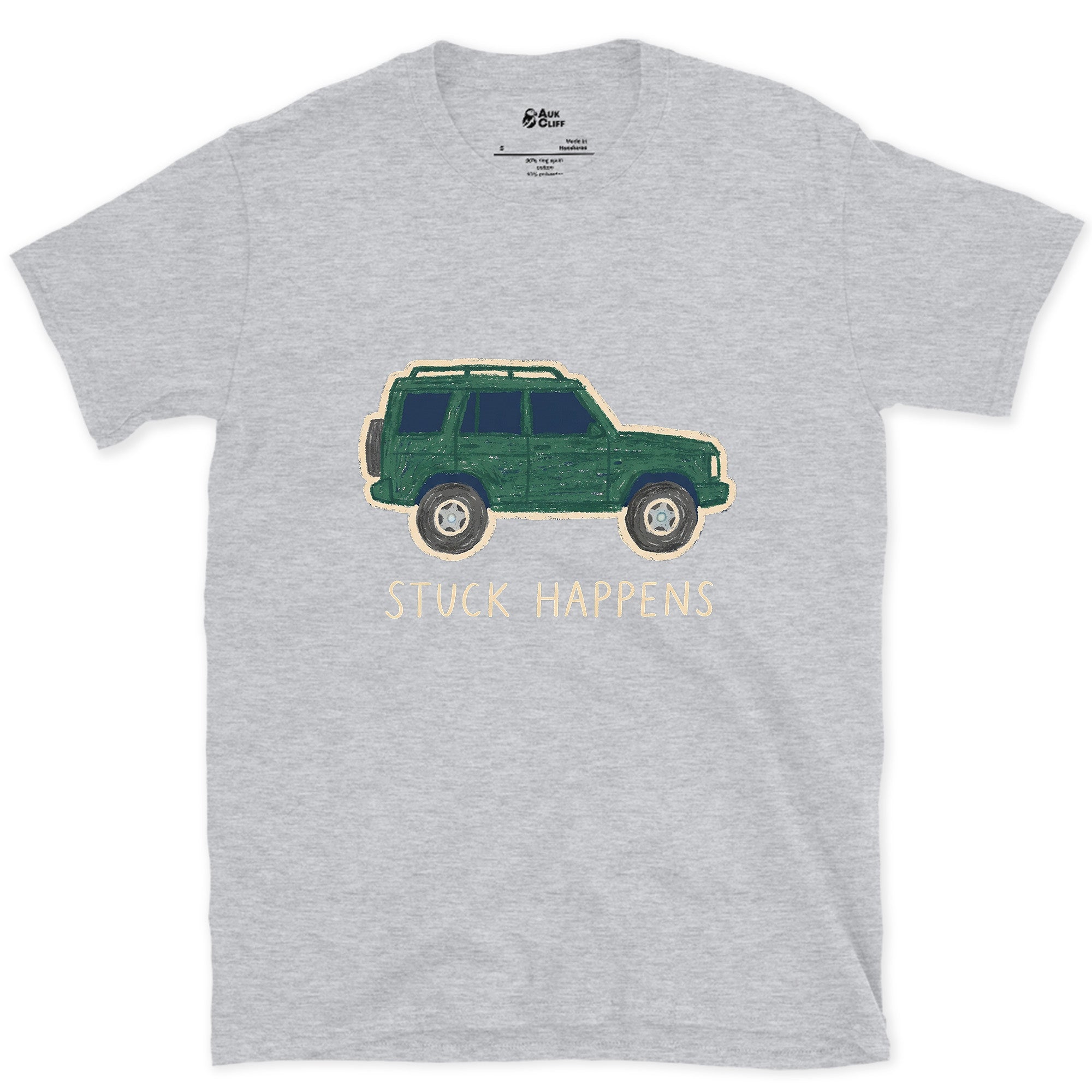 Stuck Happens, Green Wagon in Profile design on a Sport Grey Gildan Softstyle t-shirt