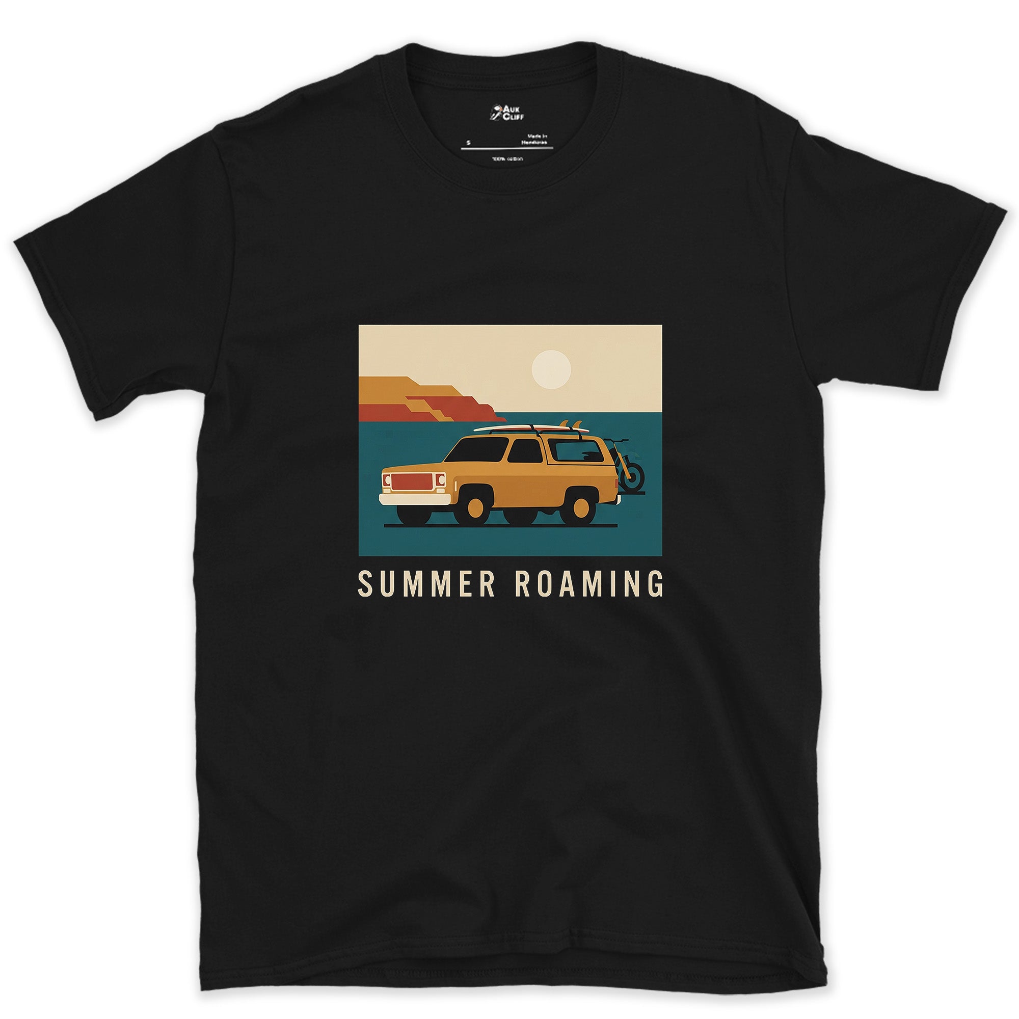 Summer Roaming, Boat Trailer Along the Coast design on a Black Gildan Softstyle t-shirt