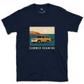 Summer Roaming, Boat Trailer Along the Coast design on a Navy Gildan Softstyle t-shirt