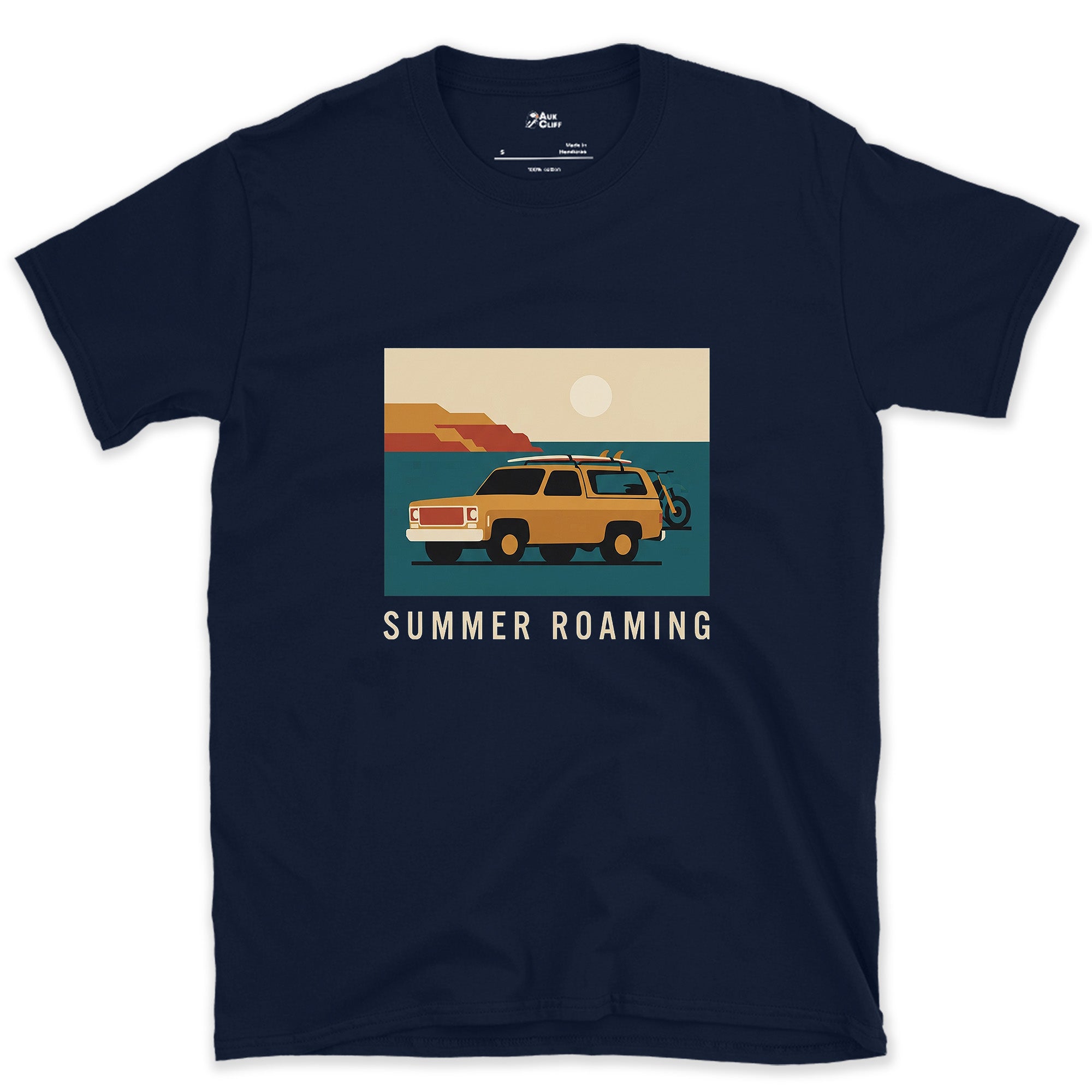 Summer Roaming, Boat Trailer Along the Coast design on a Navy Gildan Softstyle t-shirt