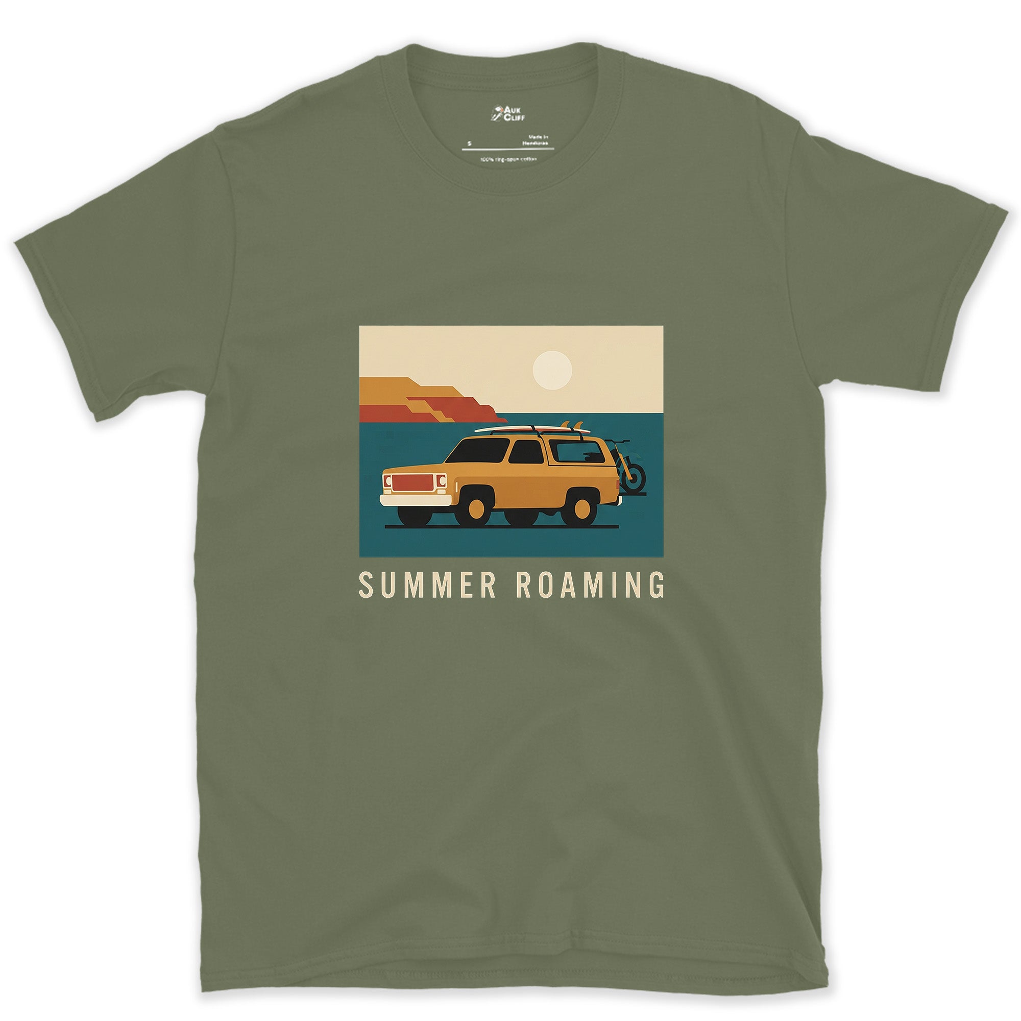 Summer Roaming, Boat Trailer Along the Coast design on a Military Green Gildan Softstyle t-shirt