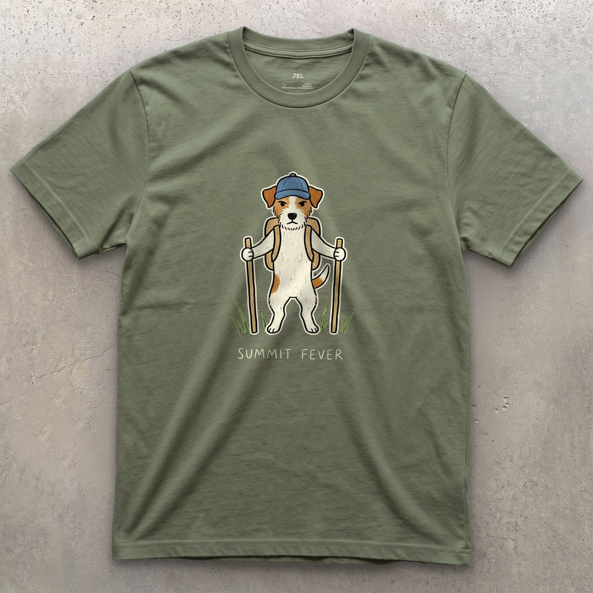 Summit Fever, Jack Russell design on a Military Green Gildan Softstyle t-shirt