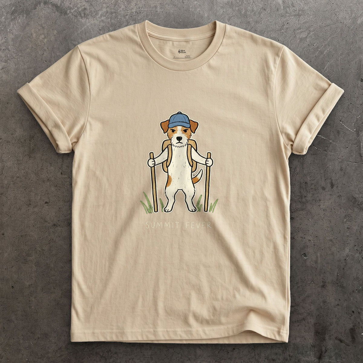 Summit Fever, Jack Russell design on a Sand Gildan Softstyle t-shirt