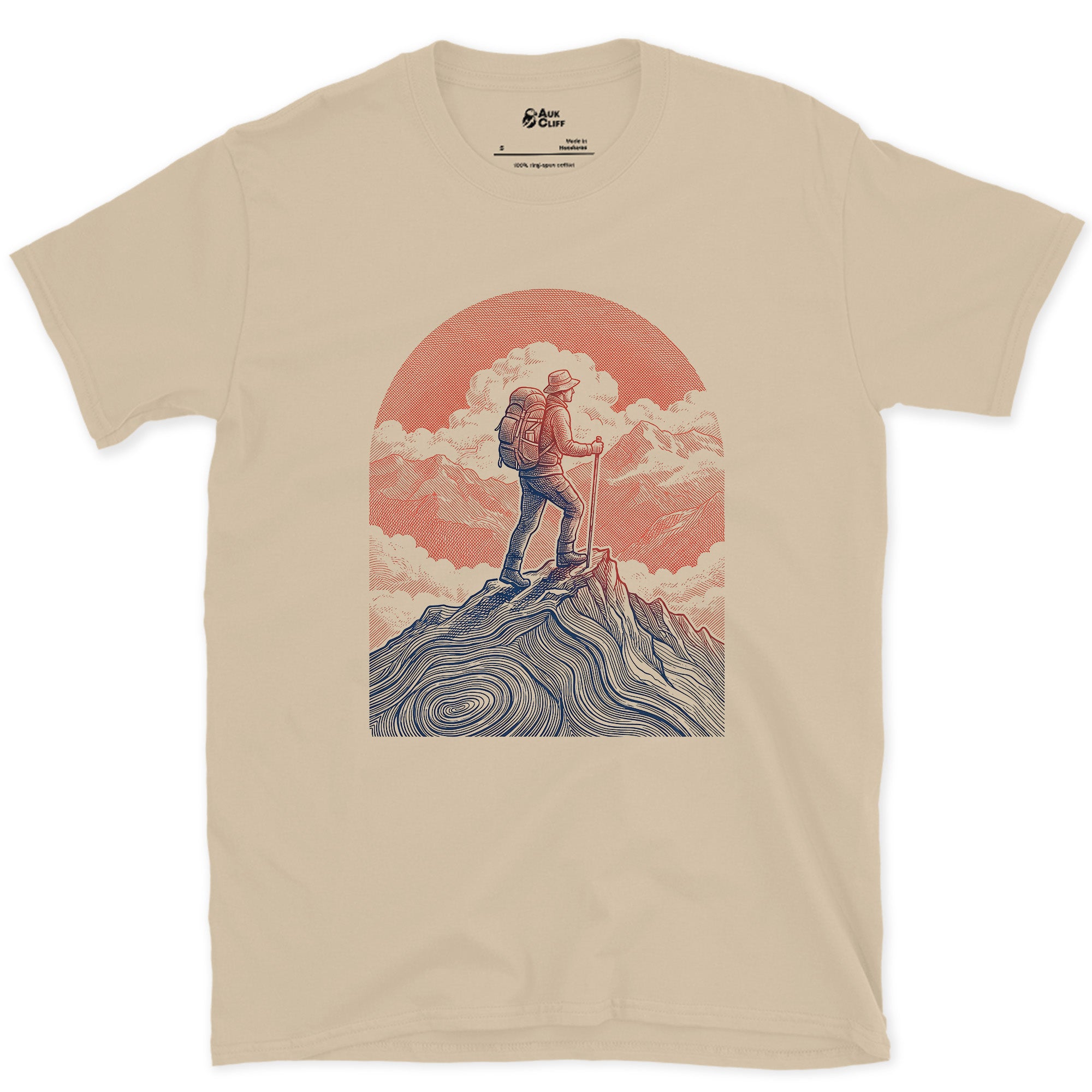 The Last Few Steps to the Summit, Sun Low Behind design on a Sand Gildan Softstyle t-shirt