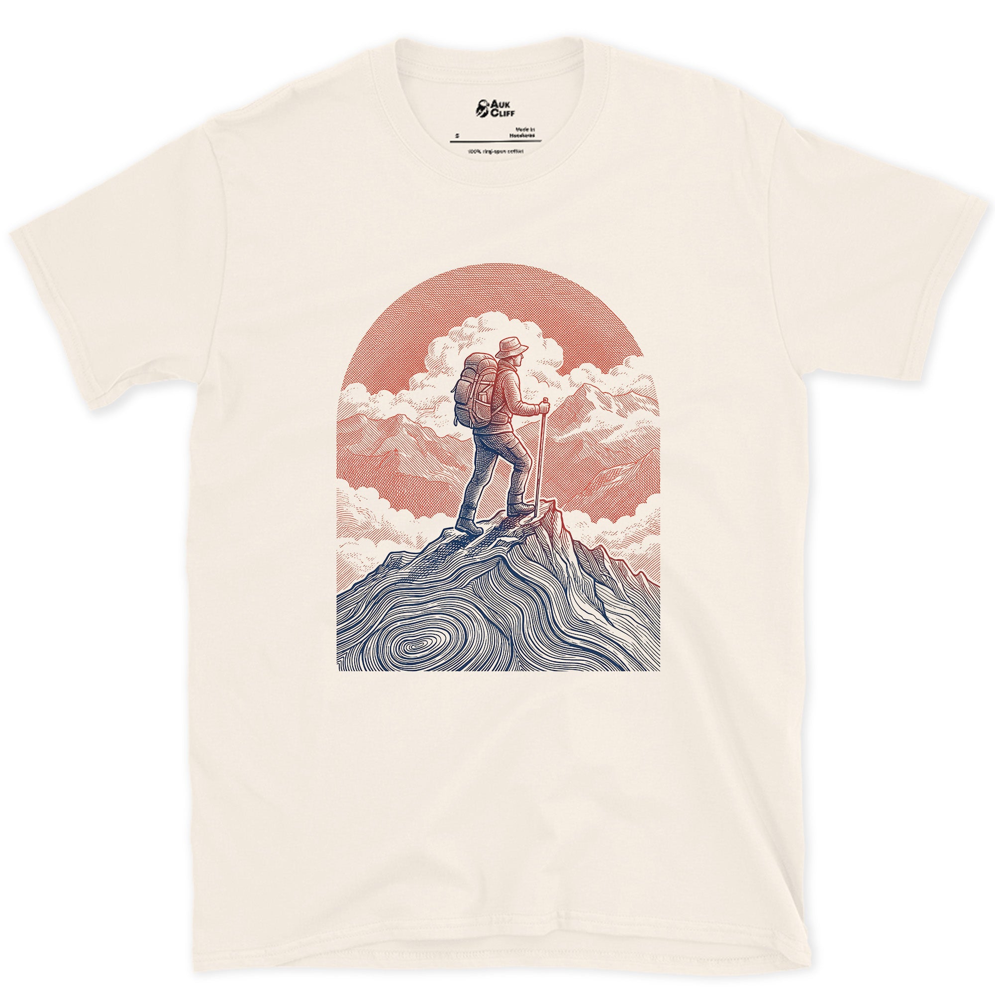 The Last Few Steps to the Summit, Sun Low Behind design on a Natural Gildan Softstyle t-shirt