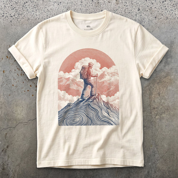 The Last Few Steps to the Summit, Sun Low Behind design on a Natural Gildan Softstyle t-shirt