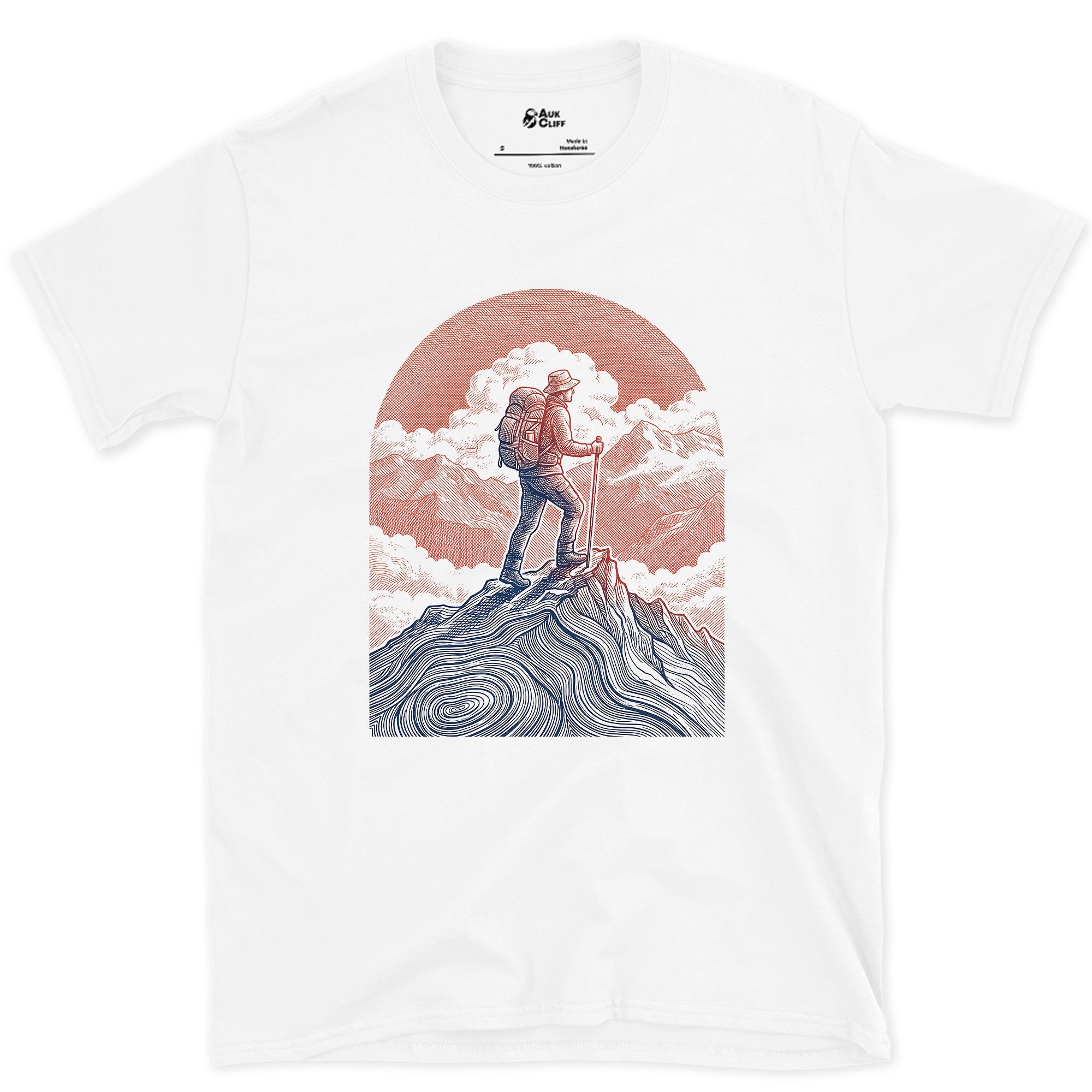 The Last Few Steps to the Summit, Sun Low Behind design on a White Gildan Softstyle t-shirt