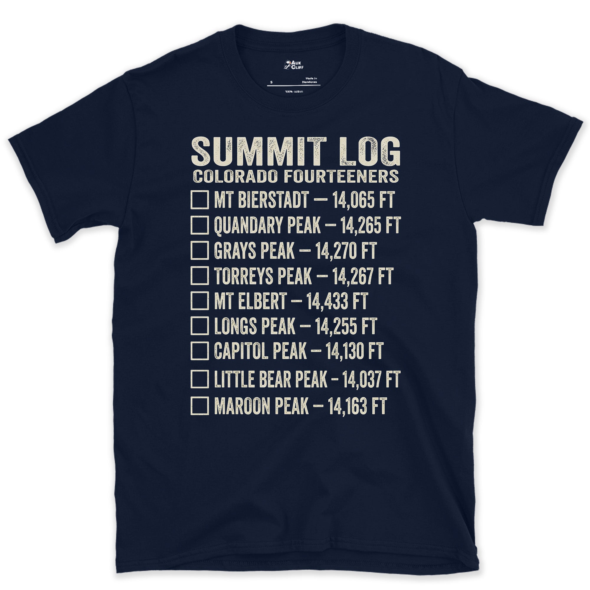 Nine Colorado Fourteeners Still Not Yet Ticked design on a Navy Gildan Softstyle t-shirt