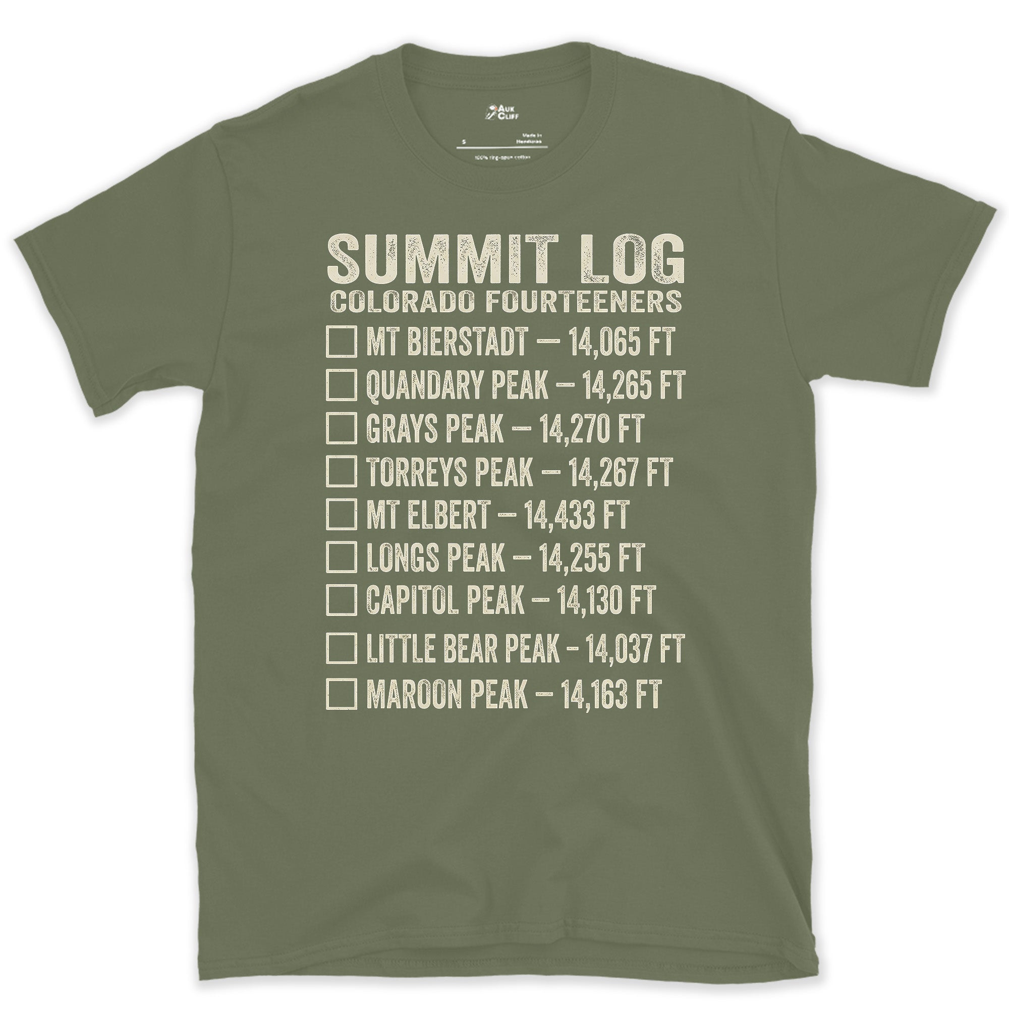 Nine Colorado Fourteeners Still Not Yet Ticked design on a Military Green Gildan Softstyle t-shirt