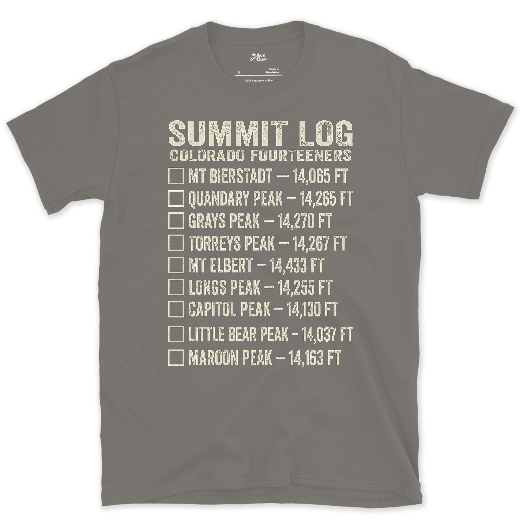 Nine Colorado Fourteeners Still Not Yet Ticked design on a Charcoal Gildan Softstyle t-shirt