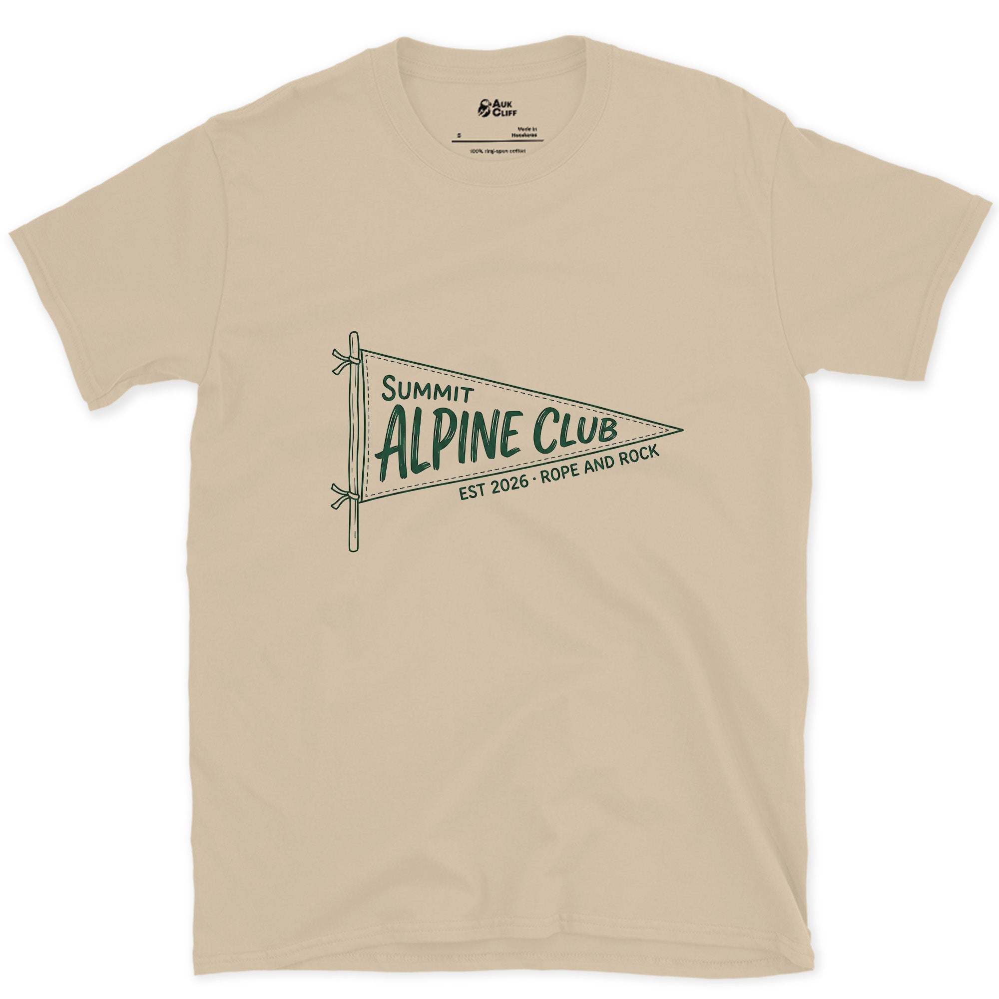Summit Alpine Club, Est 2026 design on a Sand Gildan Softstyle t-shirt