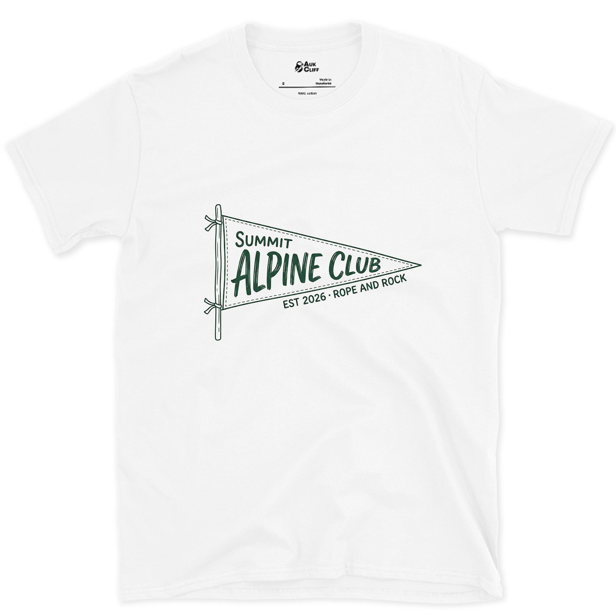 Summit Alpine Club, Est 2026 design on a White Gildan Softstyle t-shirt