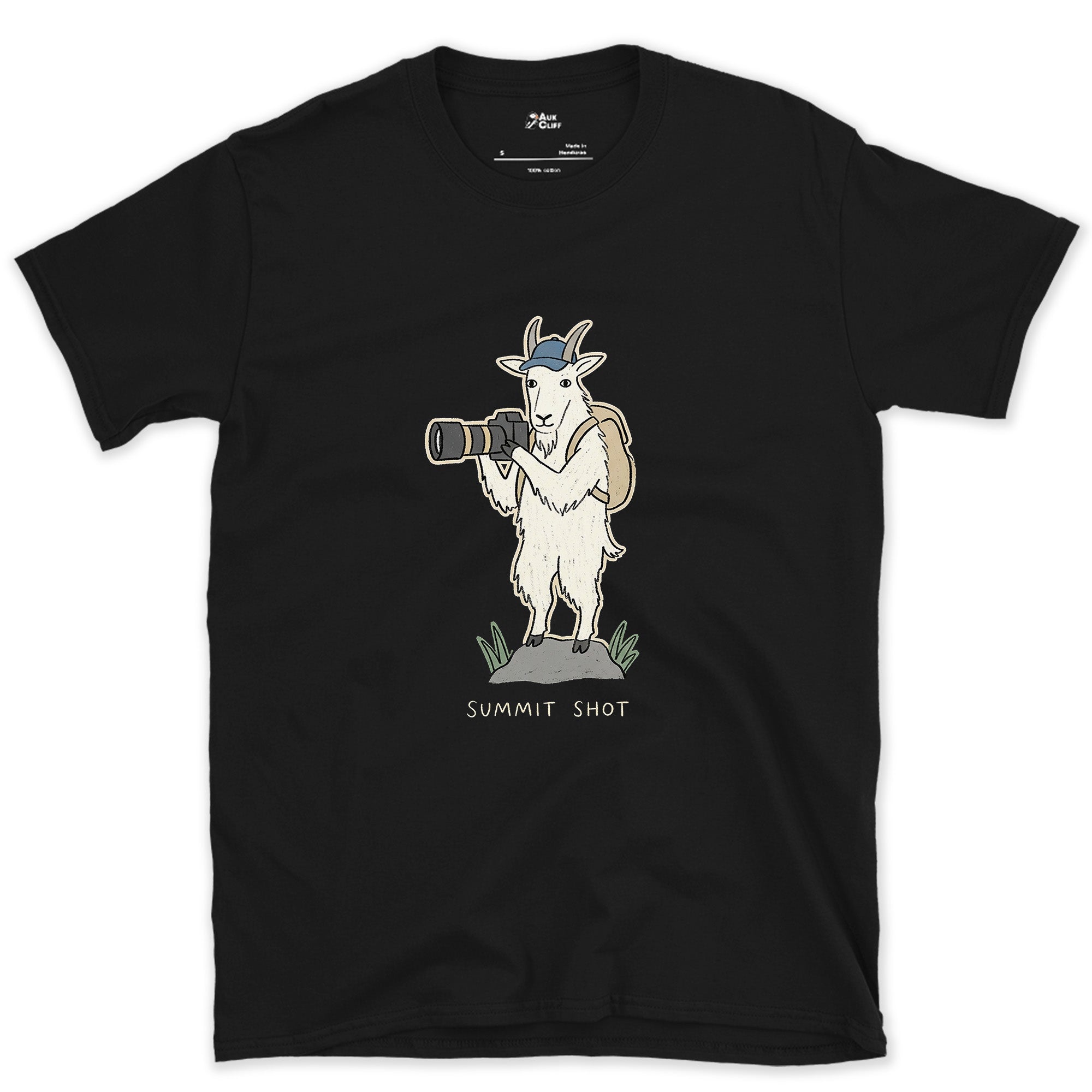 Just the Price of the View, Goat With a Camera design on a Black Gildan Softstyle t-shirt