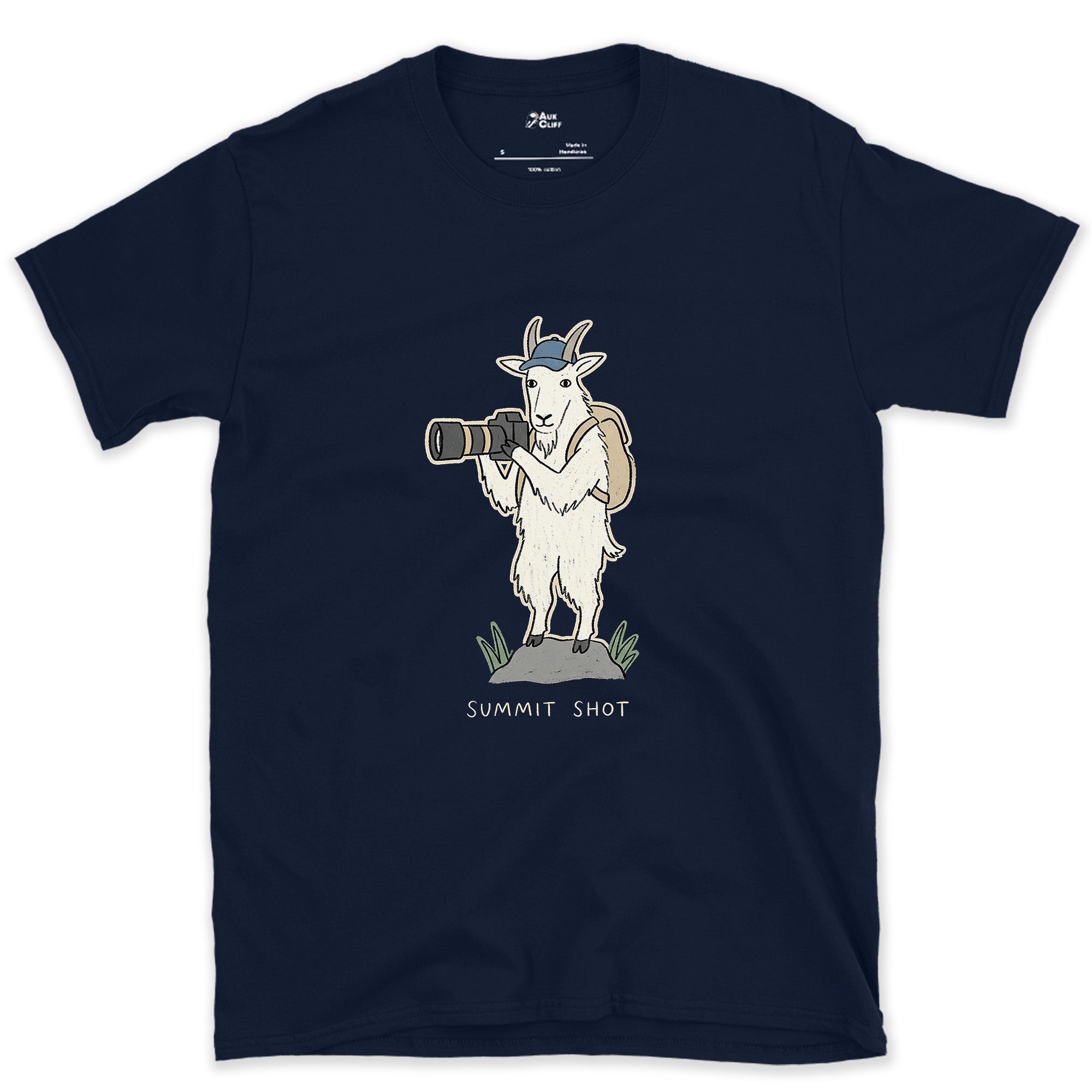 Just the Price of the View, Goat With a Camera design on a Navy Gildan Softstyle t-shirt
