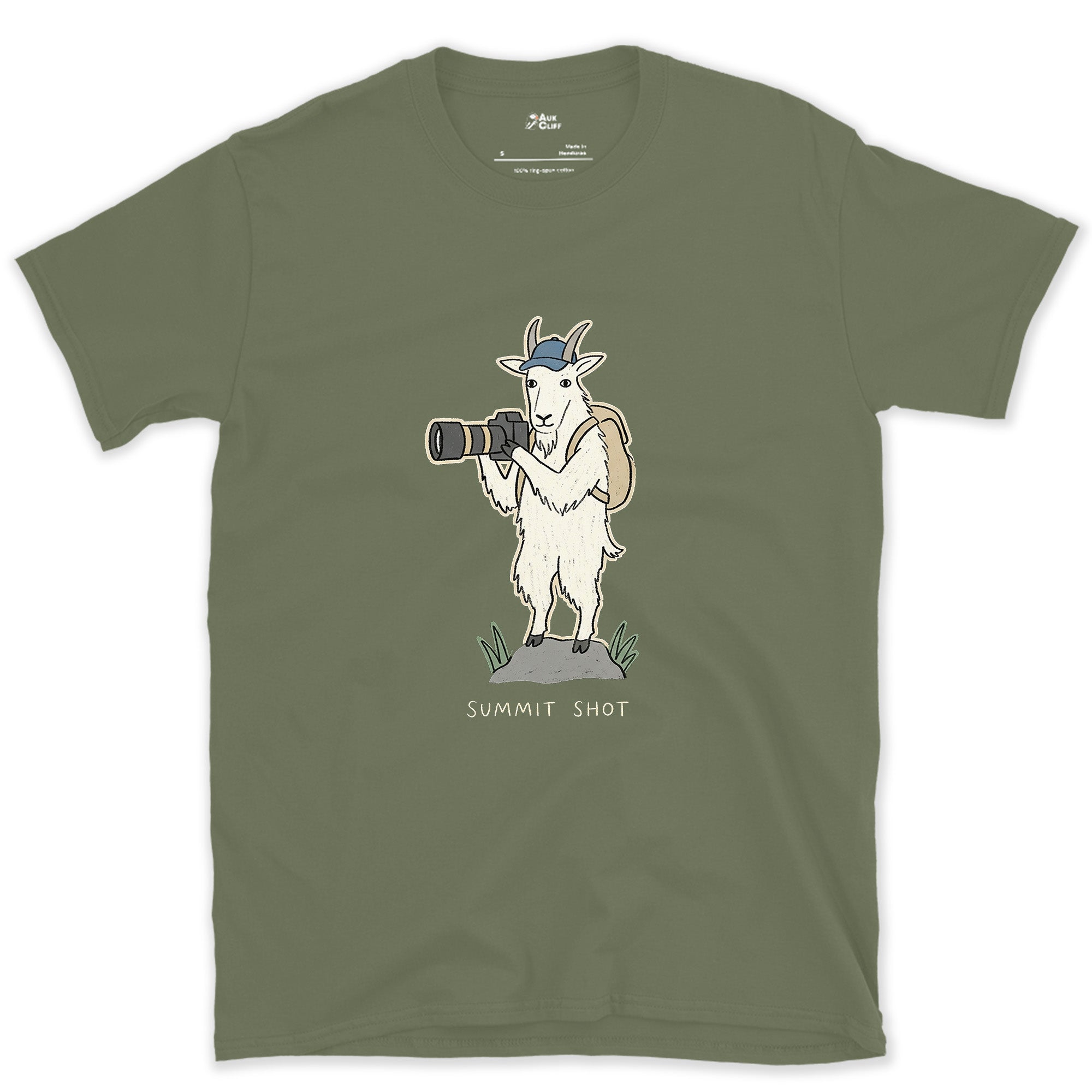 Just the Price of the View, Goat With a Camera design on a Military Green Gildan Softstyle t-shirt