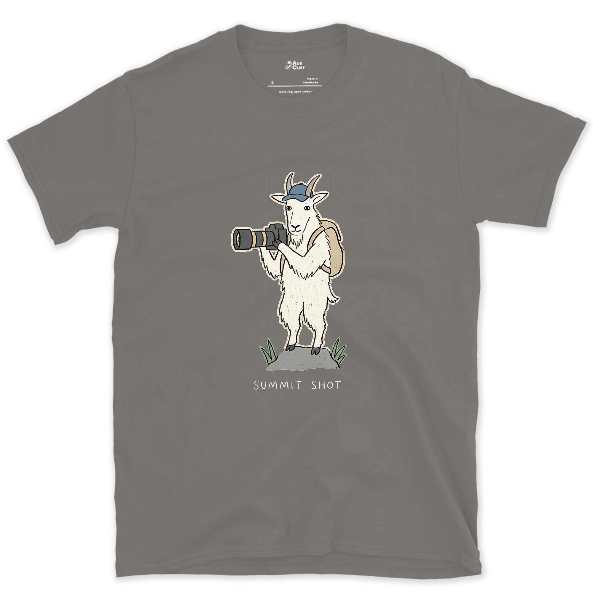 Just the Price of the View, Goat With a Camera design on a Charcoal Gildan Softstyle t-shirt