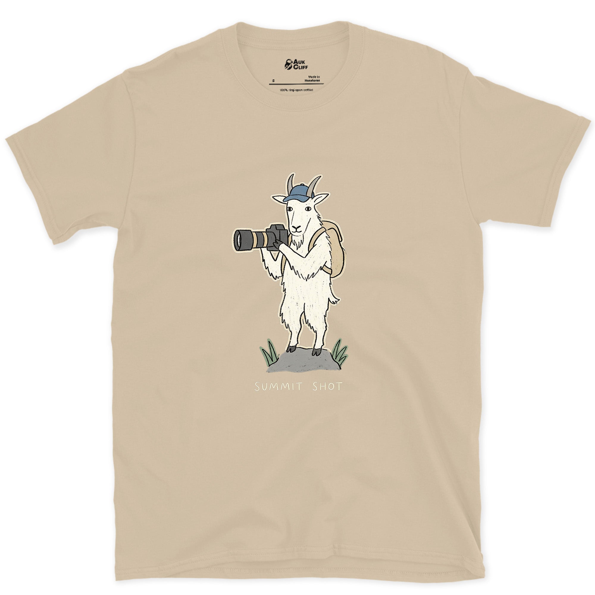Just the Price of the View, Goat With a Camera design on a Sand Gildan Softstyle t-shirt