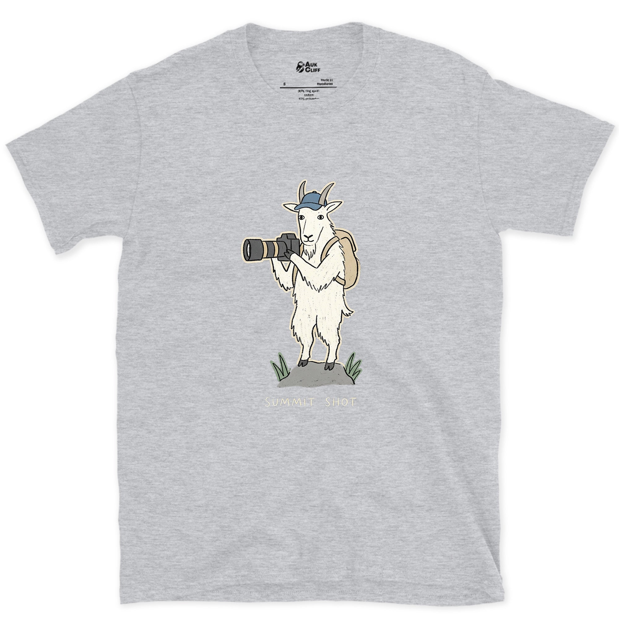Just the Price of the View, Goat With a Camera design on a Sport Grey Gildan Softstyle t-shirt