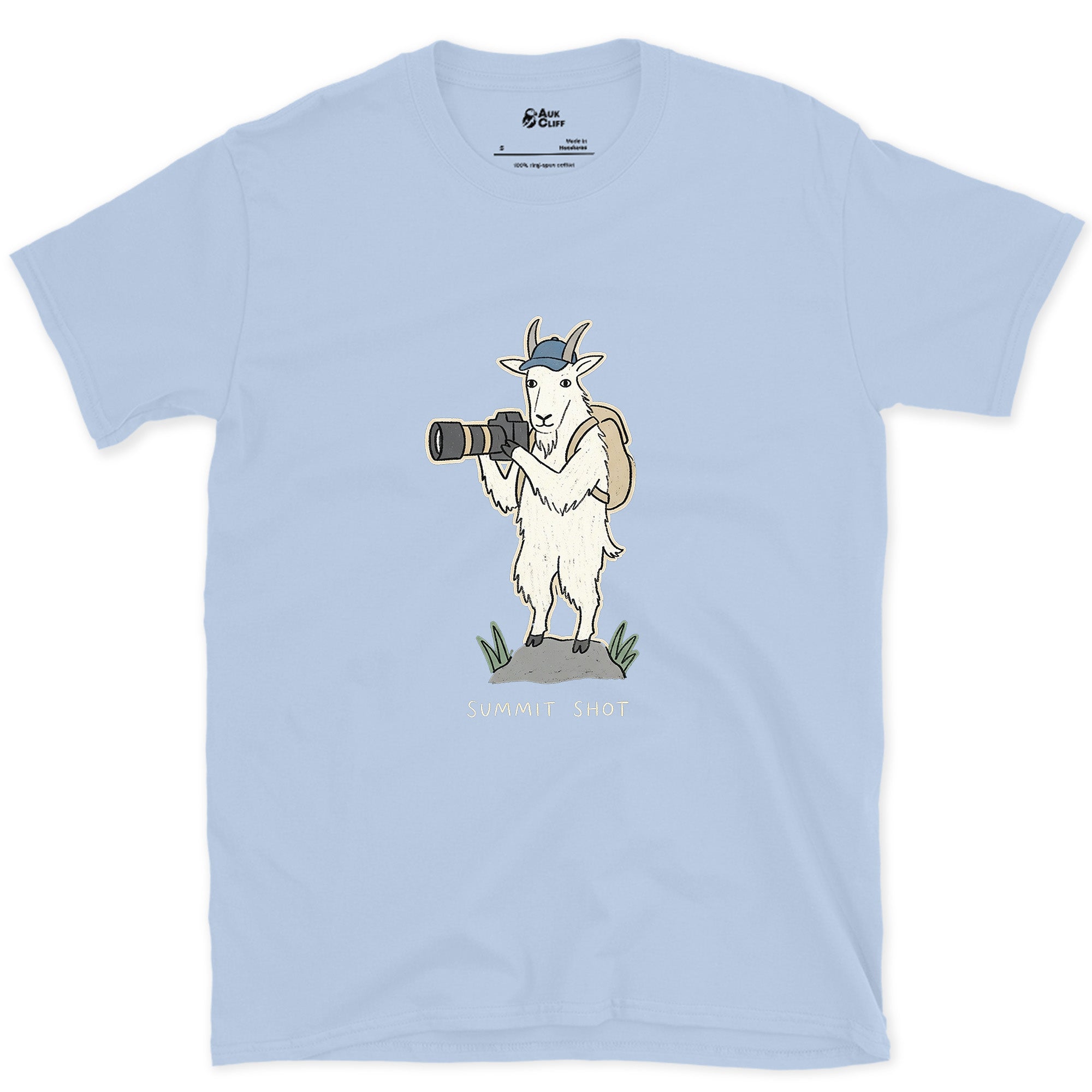 Just the Price of the View, Goat With a Camera design on a Light Blue Gildan Softstyle t-shirt