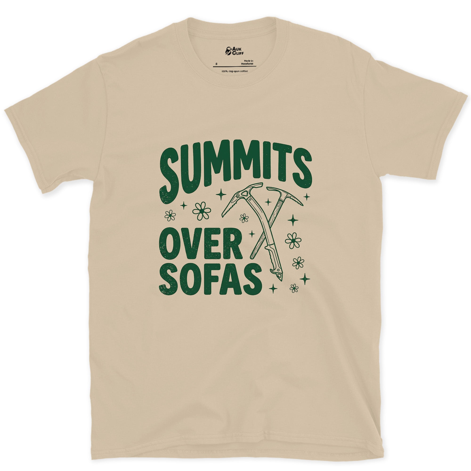 Summits Over Sofas, Crossed Ice Axes design on a Sand Gildan Softstyle t-shirt