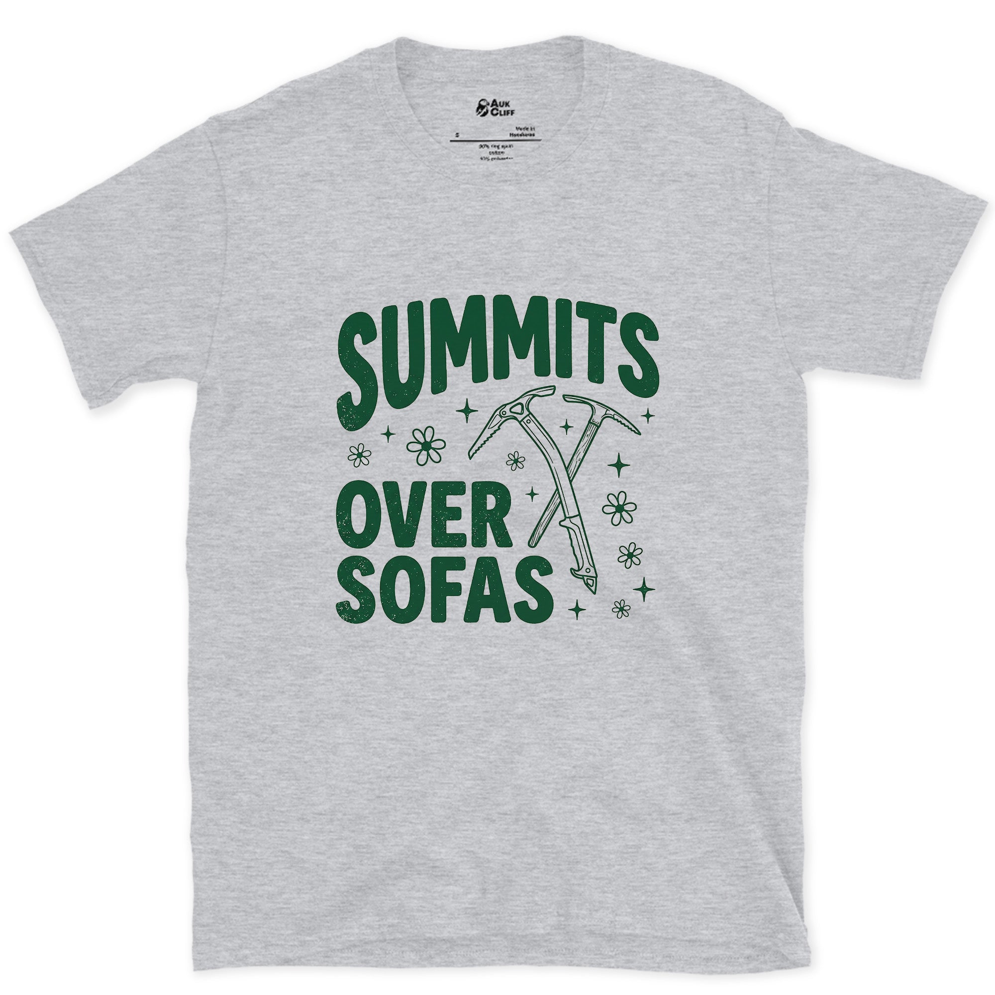Summits Over Sofas, Crossed Ice Axes design on a Sport Grey Gildan Softstyle t-shirt
