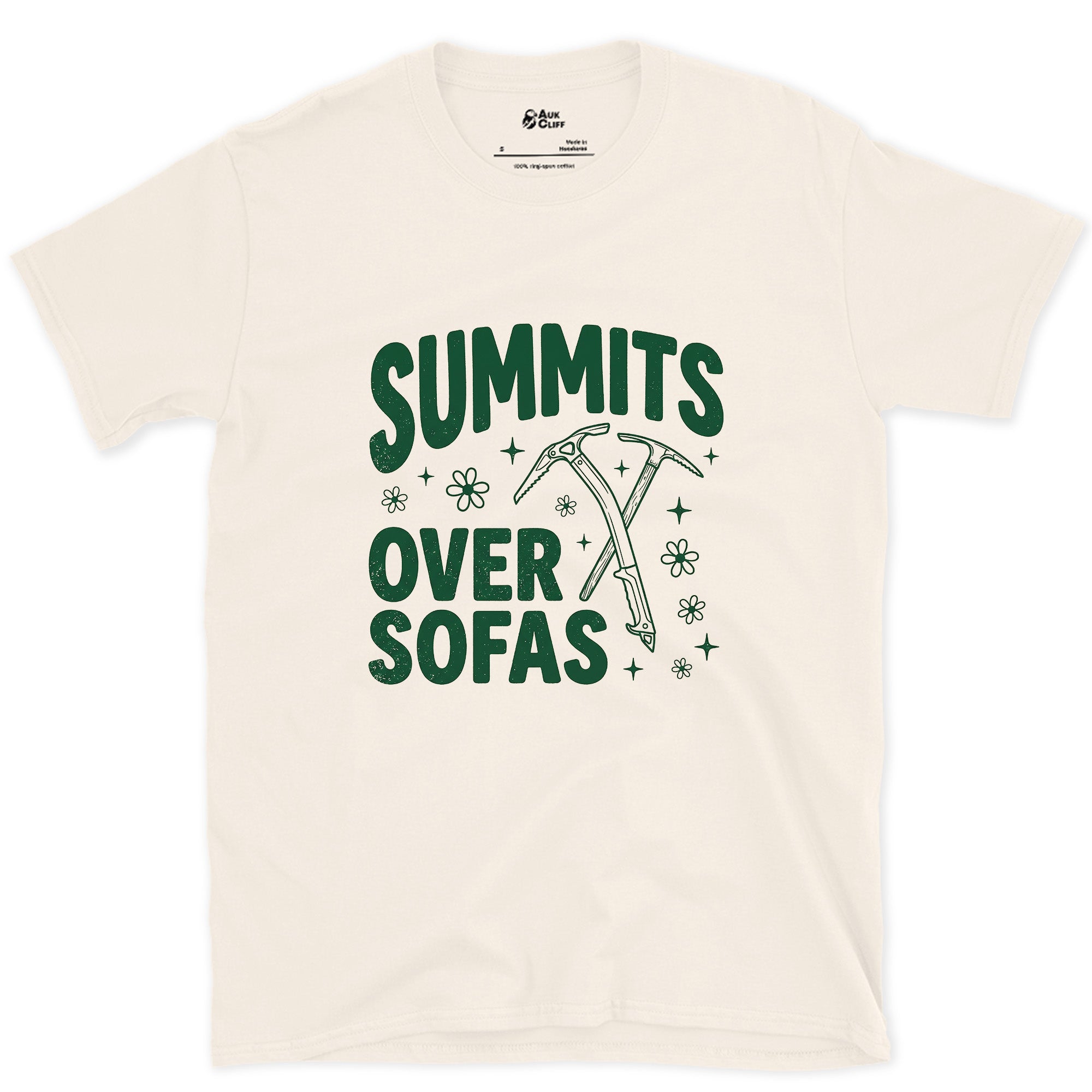 Summits Over Sofas, Crossed Ice Axes design on a Natural Gildan Softstyle t-shirt