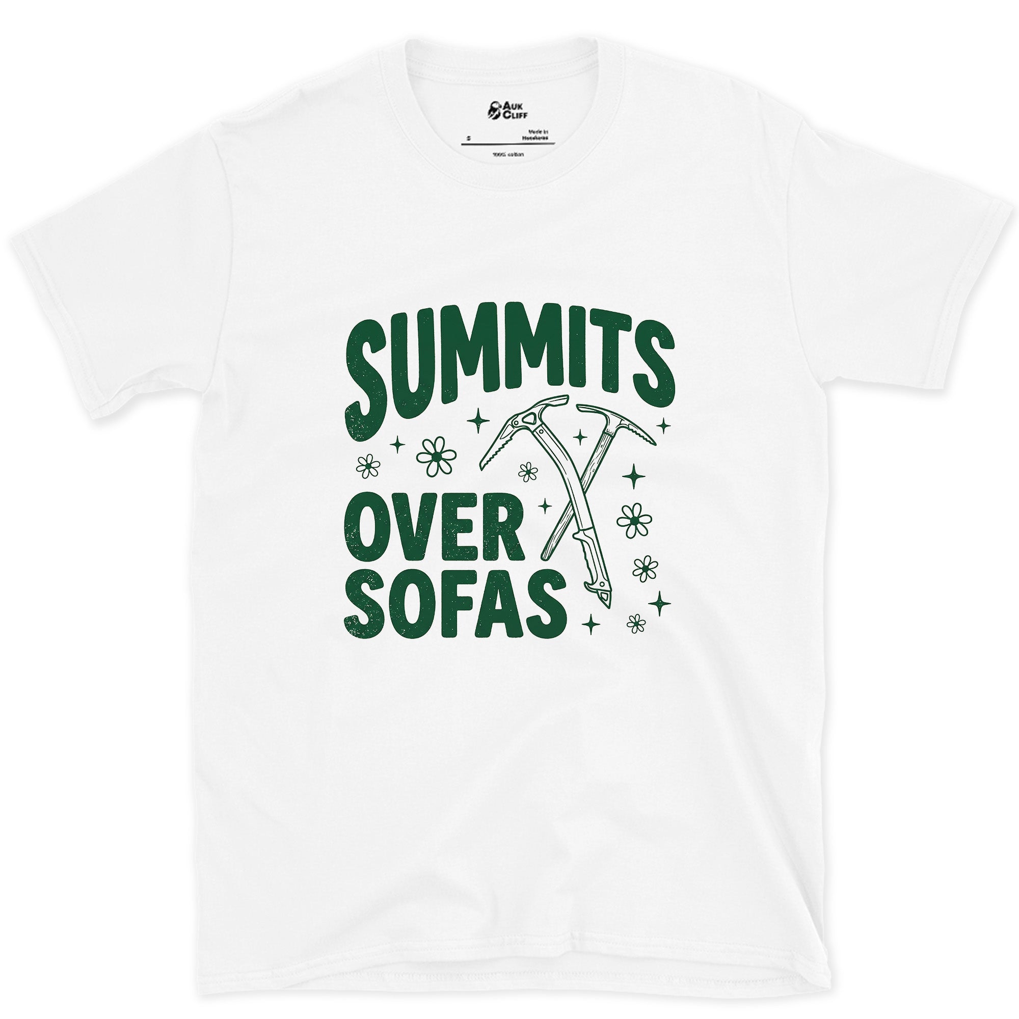 Summits Over Sofas, Crossed Ice Axes design on a White Gildan Softstyle t-shirt