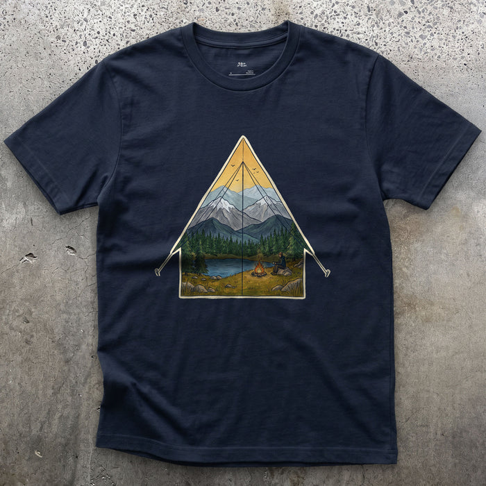 Sunrise From the Tent Door design on a Navy Gildan Softstyle t-shirt
