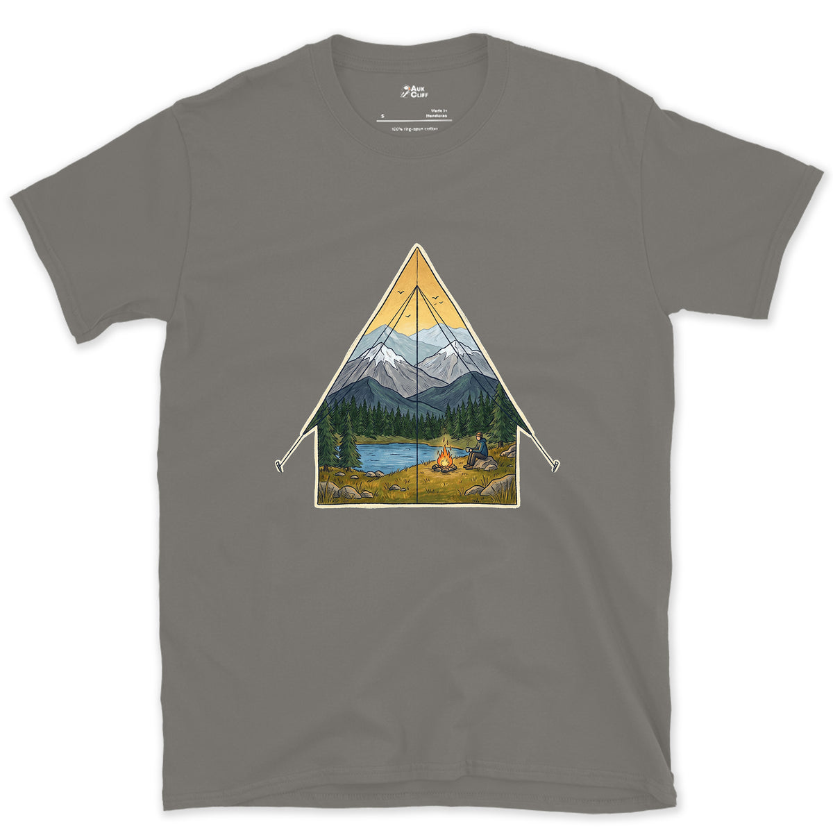 Sunrise From the Tent Door design on a Charcoal Gildan Softstyle t-shirt