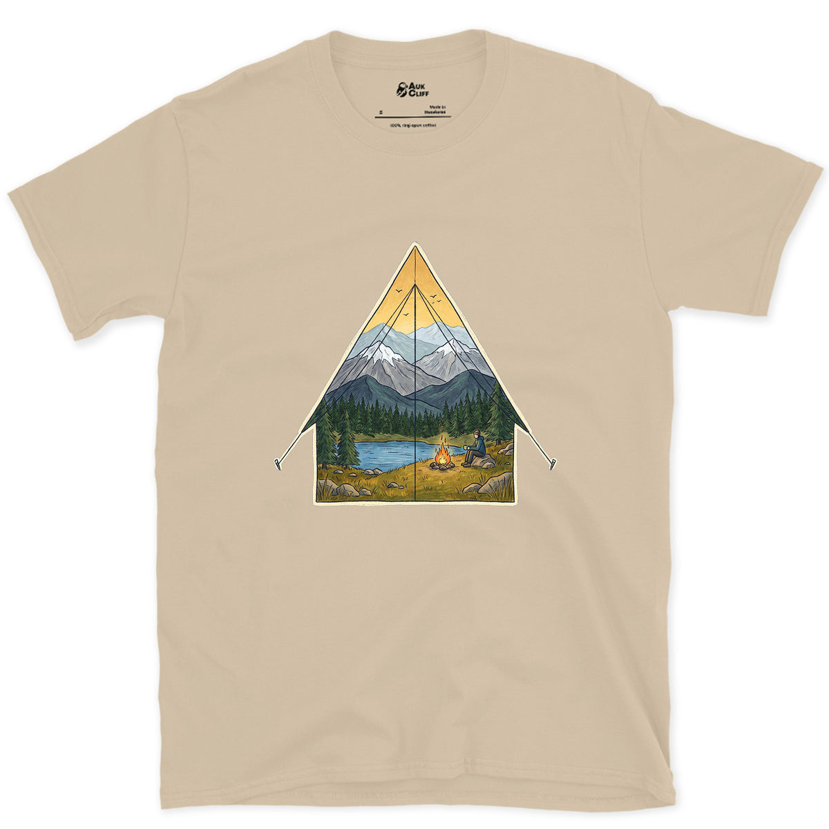 Sunrise From the Tent Door design on a Sand Gildan Softstyle t-shirt