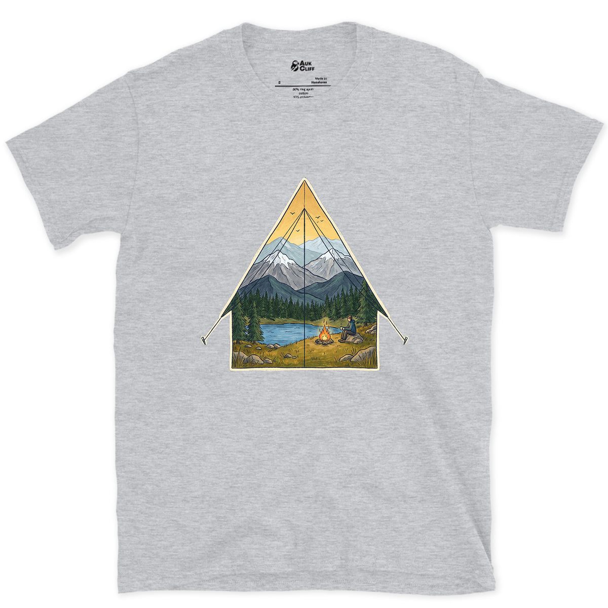 Sunrise From the Tent Door design on a Sport Grey Gildan Softstyle t-shirt
