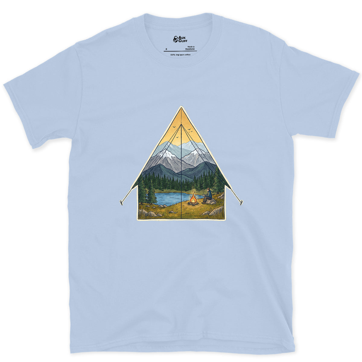 Sunrise From the Tent Door design on a Light Blue Gildan Softstyle t-shirt