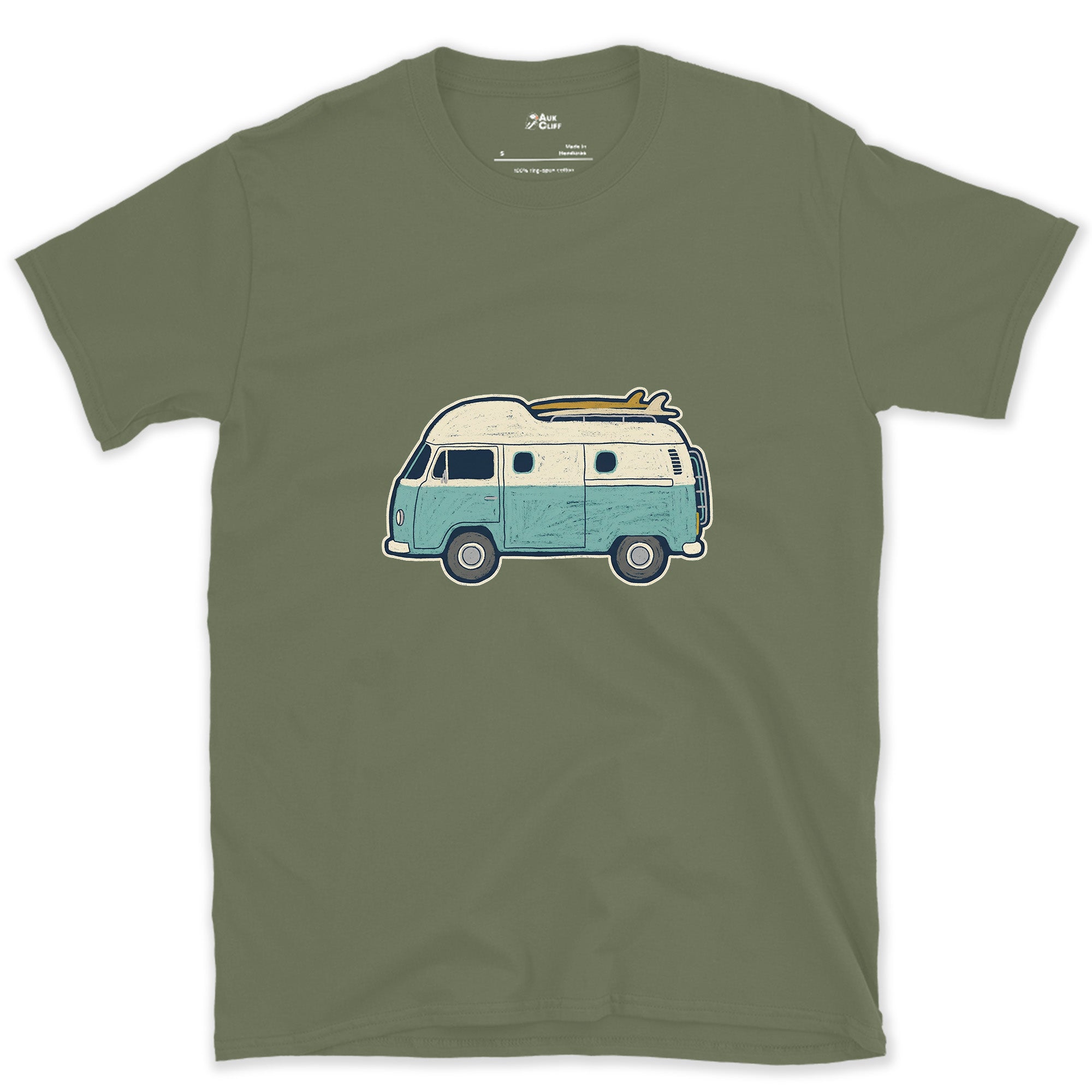 Teal and Cream, Nothing Else on the Van design on a Military Green Gildan Softstyle t-shirt