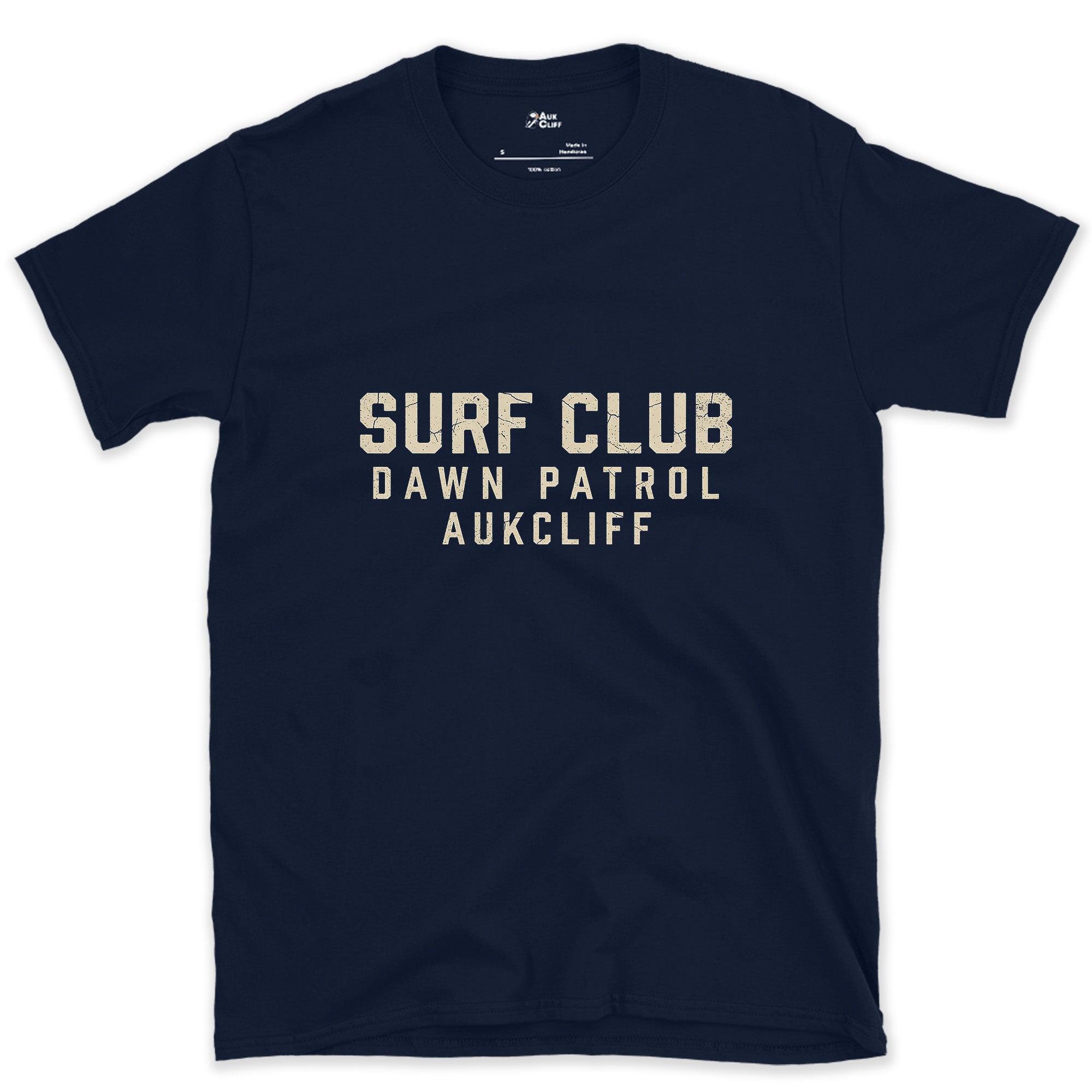 The Surf Club, Dawn Patrol Badge design on a Navy Gildan Softstyle t-shirt
